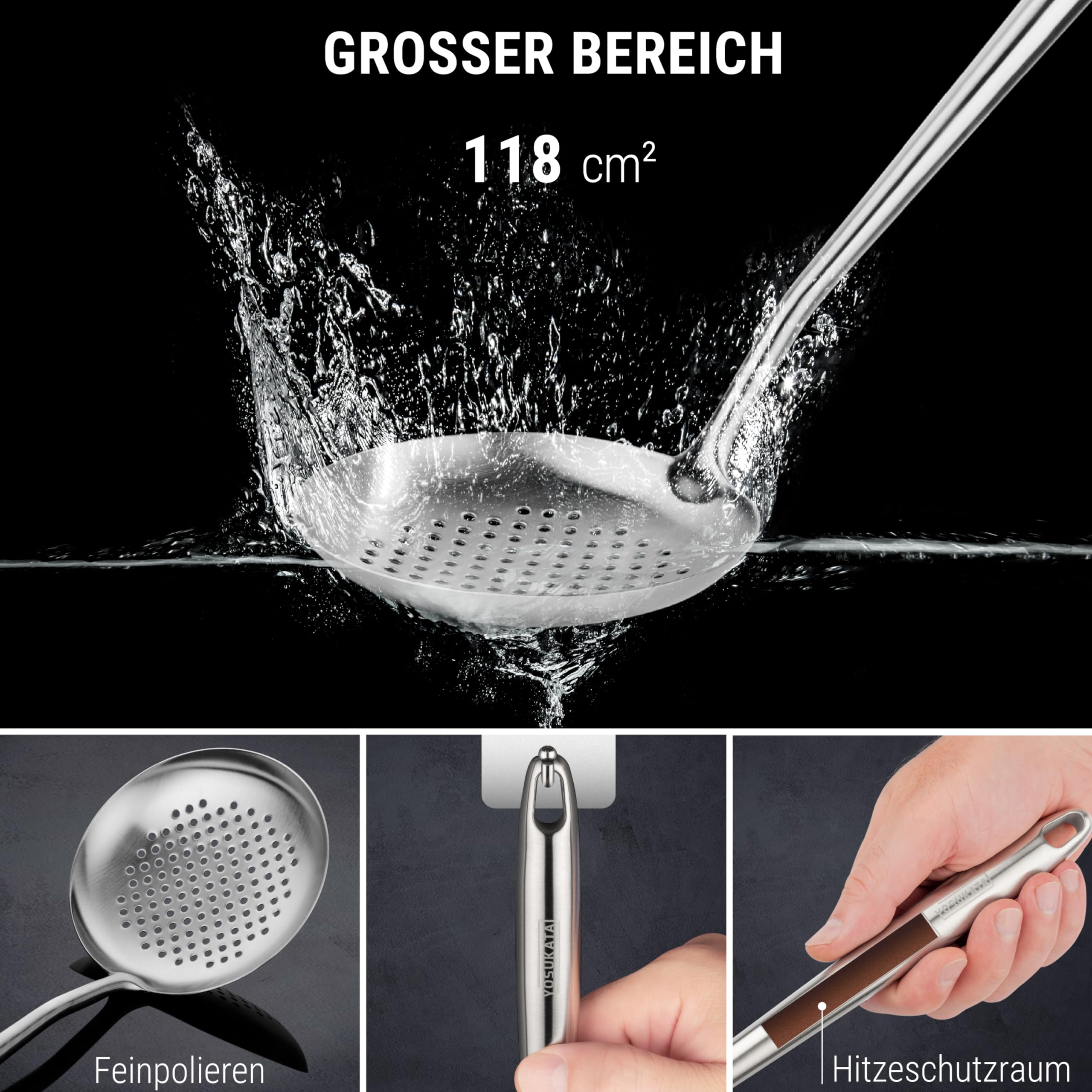 YOSUKATA Wok Schöpflöffel Schaumlöffel und Pfannenwender Edelstah 43 cm- Küchenhelfer Set Edelstahl 304- Schaumkelle - Spachtel Küche - Suppenkelle Edelstahl - Spülmaschinenfester Wok-Zubehör