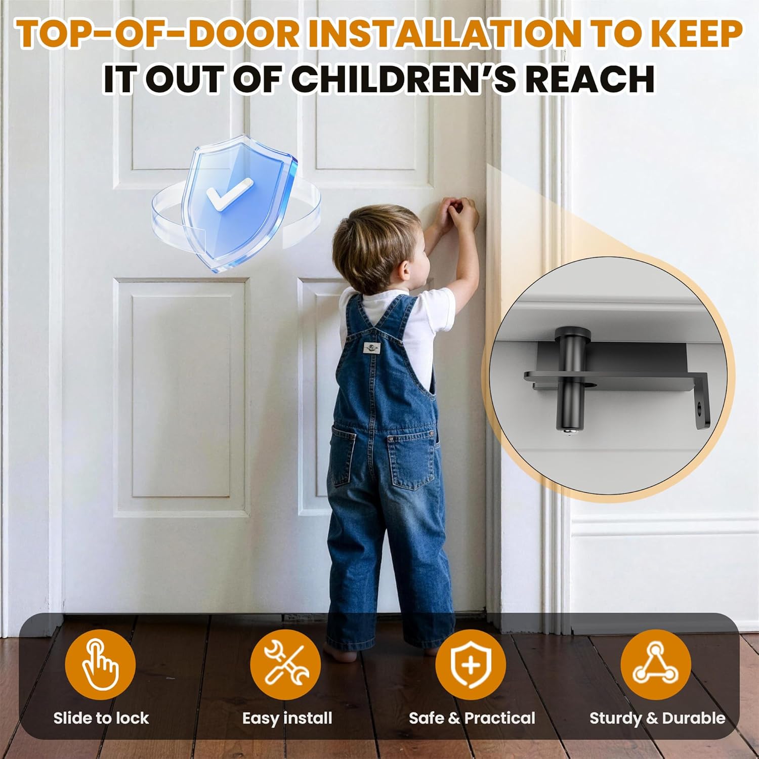 Child Proof Door Top Lock – Top Of Door Locks For Kids Safety with Double - Side Operation | Keep Kids, Pets & Seniors Safe | Child Door Locks Top Of Door for Most Interior & Exterior Doors (2 Pack)