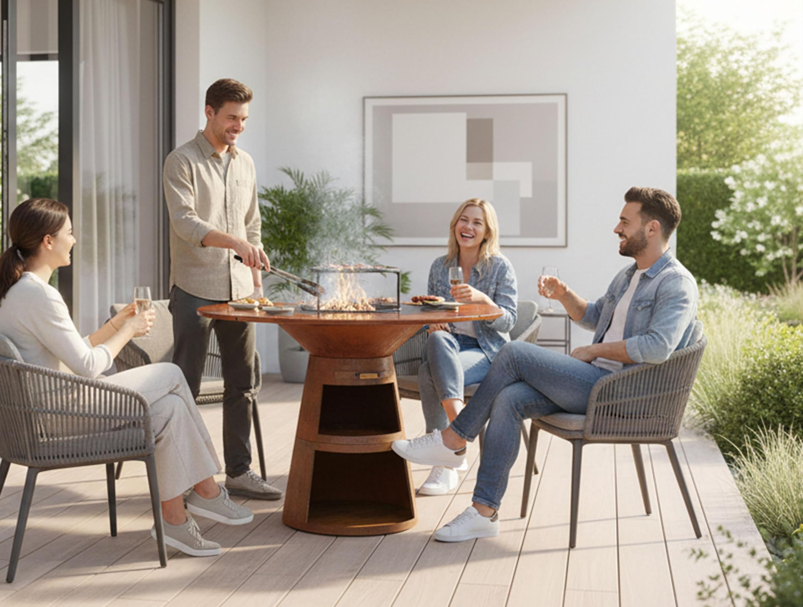 PURLINE | Barbecue rotondo con piastra in acciaio per giardino, terrazzo o patio esterno - Griglia circolare con bordo perimetrale in legno naturale e ampia superficie di cottura (EFP59CO WOOD)