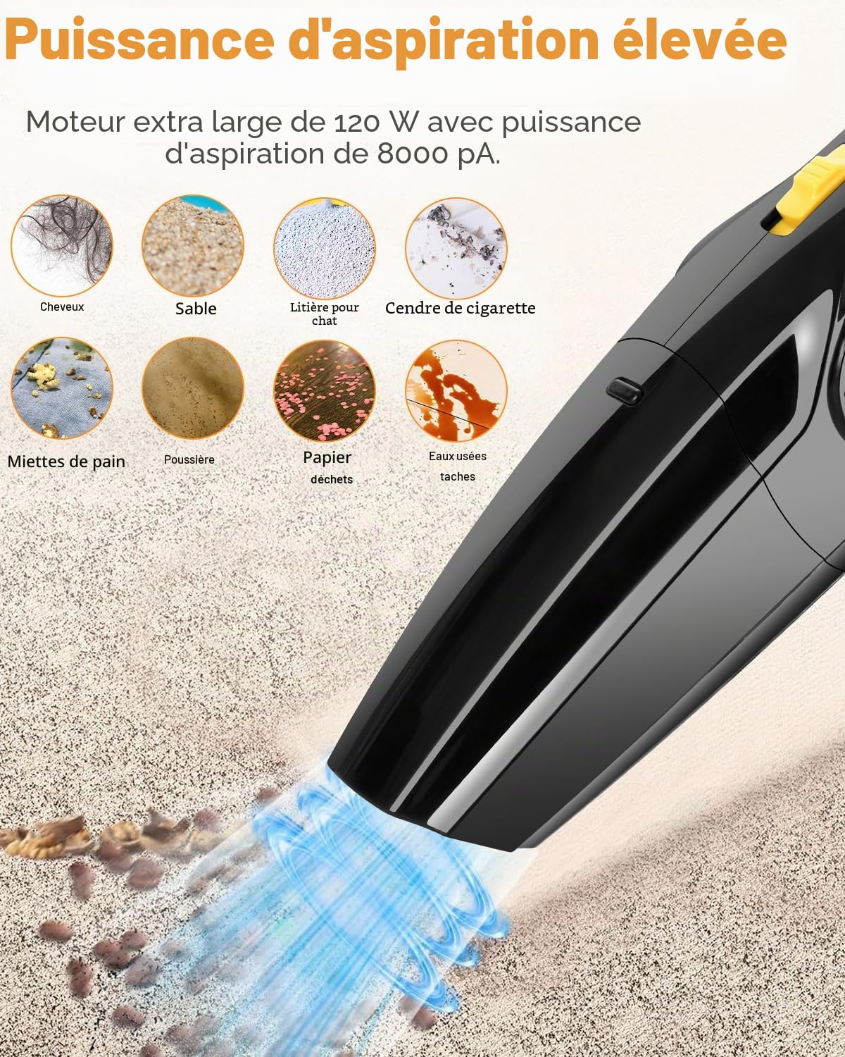 FEOKZE Aspirateur à main sans fil 8000 Pa Aspirateur à main humide et sec avec filtre HEPA lavable, mini aspirateur portable pour la maison, les animaux domestiques, la voiture