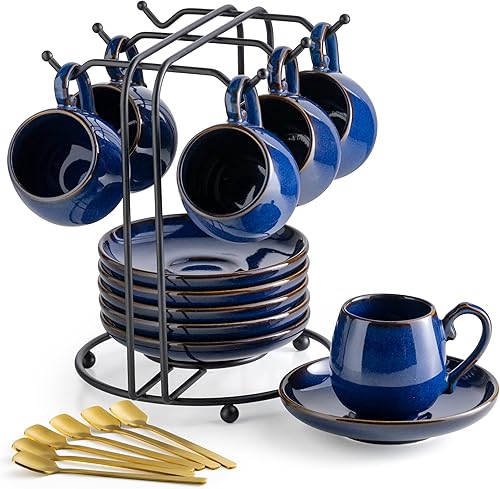 Miniatura 15 de LYEOBOH Juego de 6 tazas y platillos de espresso de 3 onzas, tazas de café pequeñas de cerámica con soporte de metal y cucharas, lindas tazas