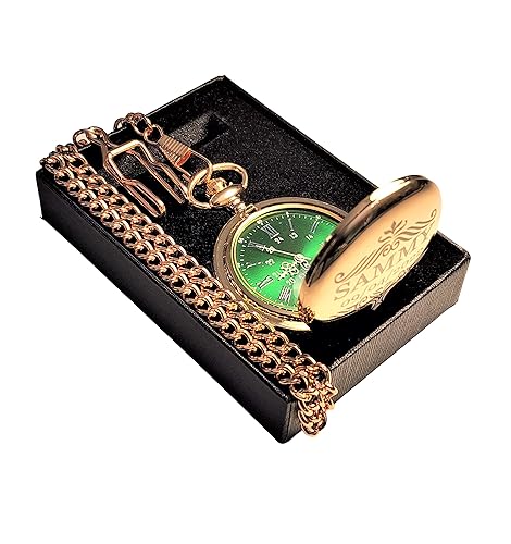 Miniatura 5 de Engraved pocket watch, Green dial watch with Roman numerals, comes with the chain, fitted box and engraving. Vintage style pocket watch personalized