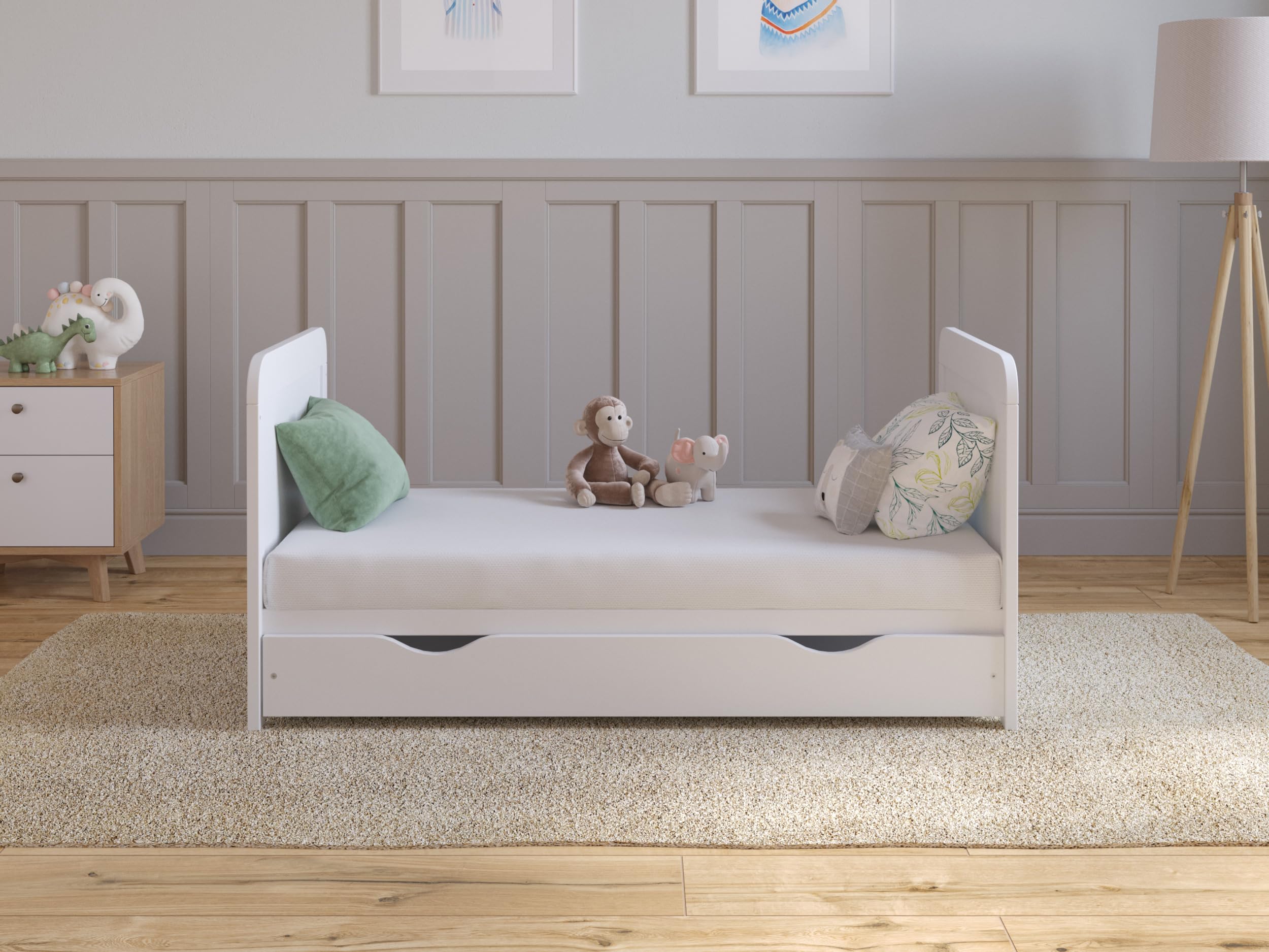 Love For Sleep Cuna de Madera para bebé 120x60 cm con cajón Blanco – Convertible en Cama Infantil – Altura Ajustable – Cuna evolutiva para recién Nacido y niño pequeño