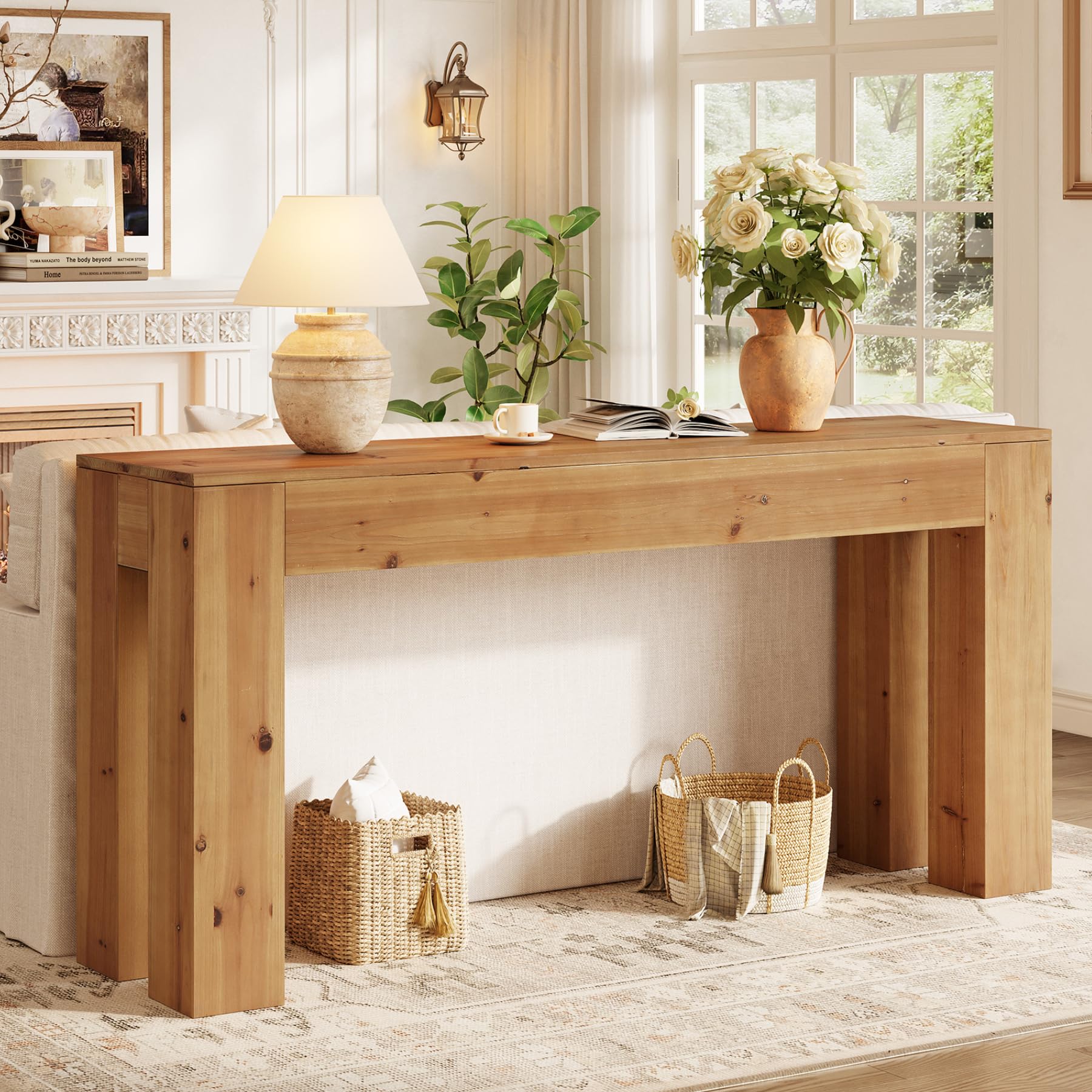 Solid Wood Console Table, 70.87-Inch Extra Long Entryway Table with Sturdy Legs, Narrow Sofa Table Behind The Couch, Farmhouse Accent Table for Hallway, Entrance, Living Room, Light Brown