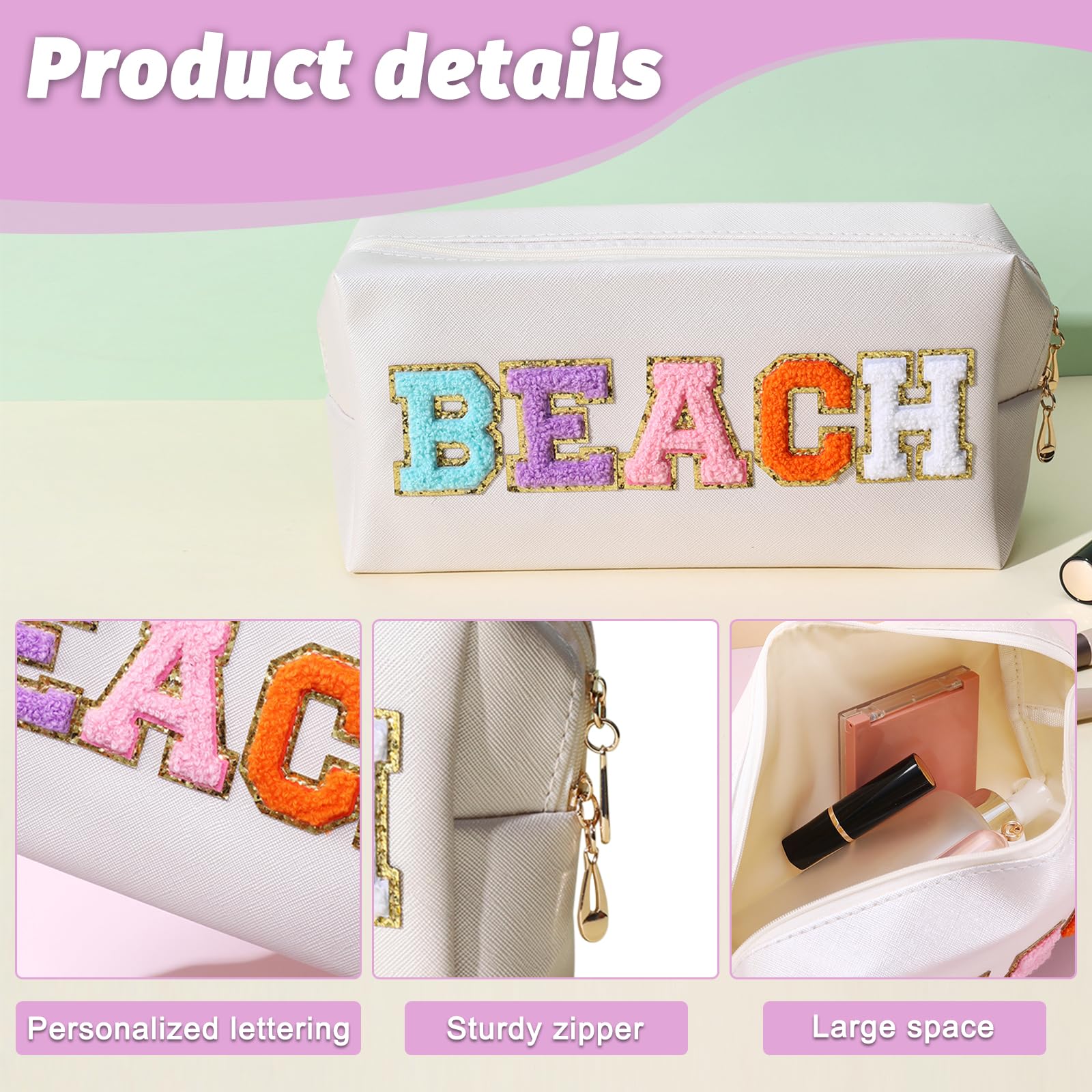 Beauty case - Borsa da viaggio, custodia impermeabile in pelle PU con grande capacità, custodia pieghevole, squisiti adesivi con lettere, 26 x 13 x 7 cm, Spiaggia, Trousse portatile
