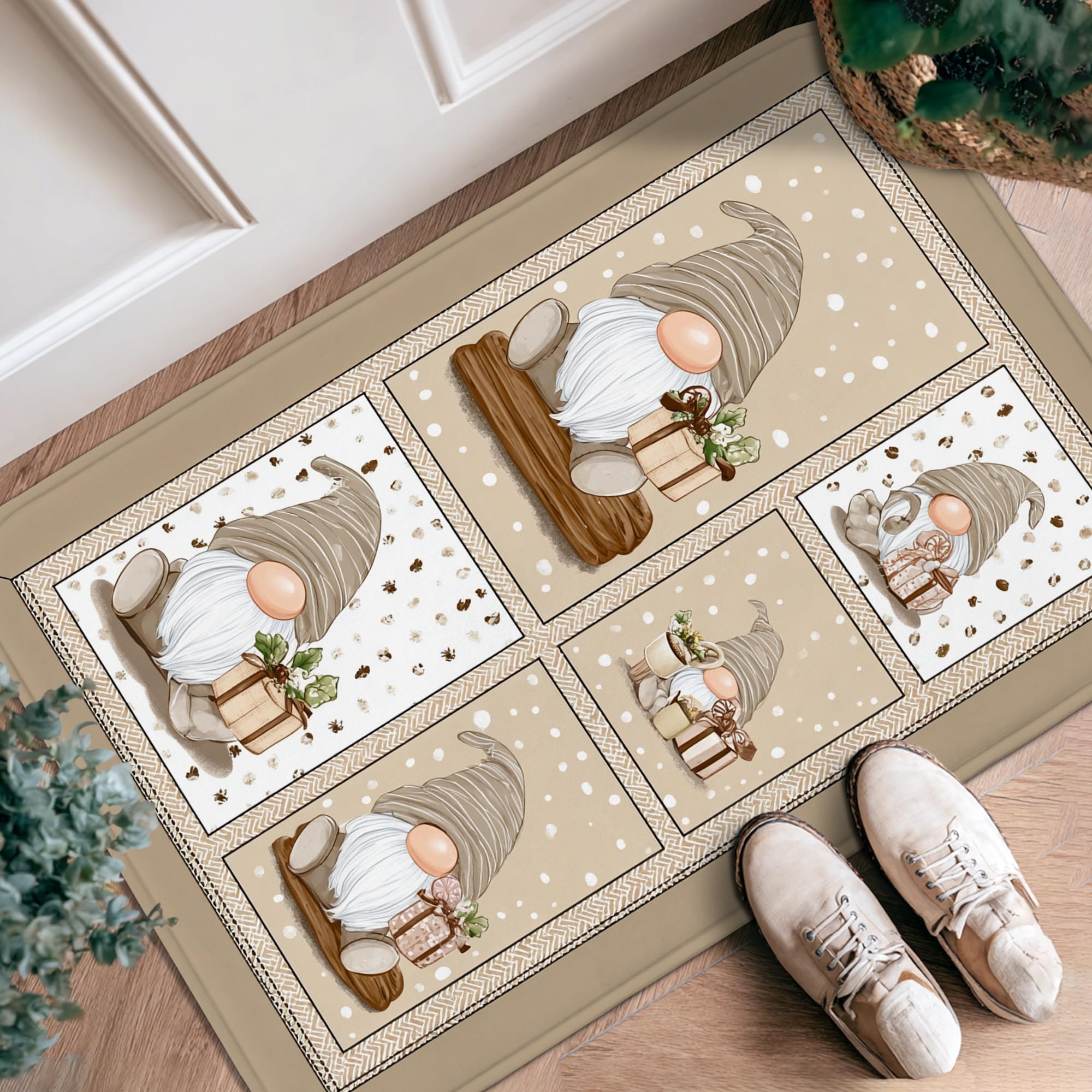 Gnome Runner Rug, Christmas Fanciful Presents Snowflakes Christmas Beige Non-Slip Doormat Rectangle Throw Rug Non Shedding for Kitchen Entryway Laundry Hallway Decor 2x3 Ft