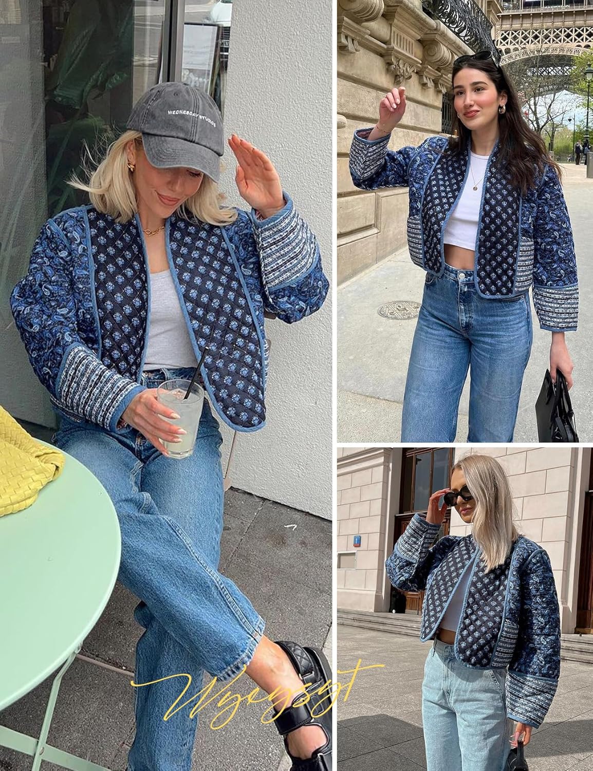 Wyeysyt Women's Cropped Puffer Quilted Jacket Cardigan Floral Printed Lightweight Long Sleeve Open Front Short Padded Coats - Image 5