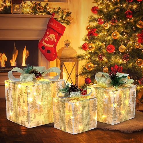 Miniatura 2 de DomKom Juego de 3 cajas de regalo iluminadas de Navidad anidables, decoraciones LED para interiores y exteriores con marco de metal, lazos plateados