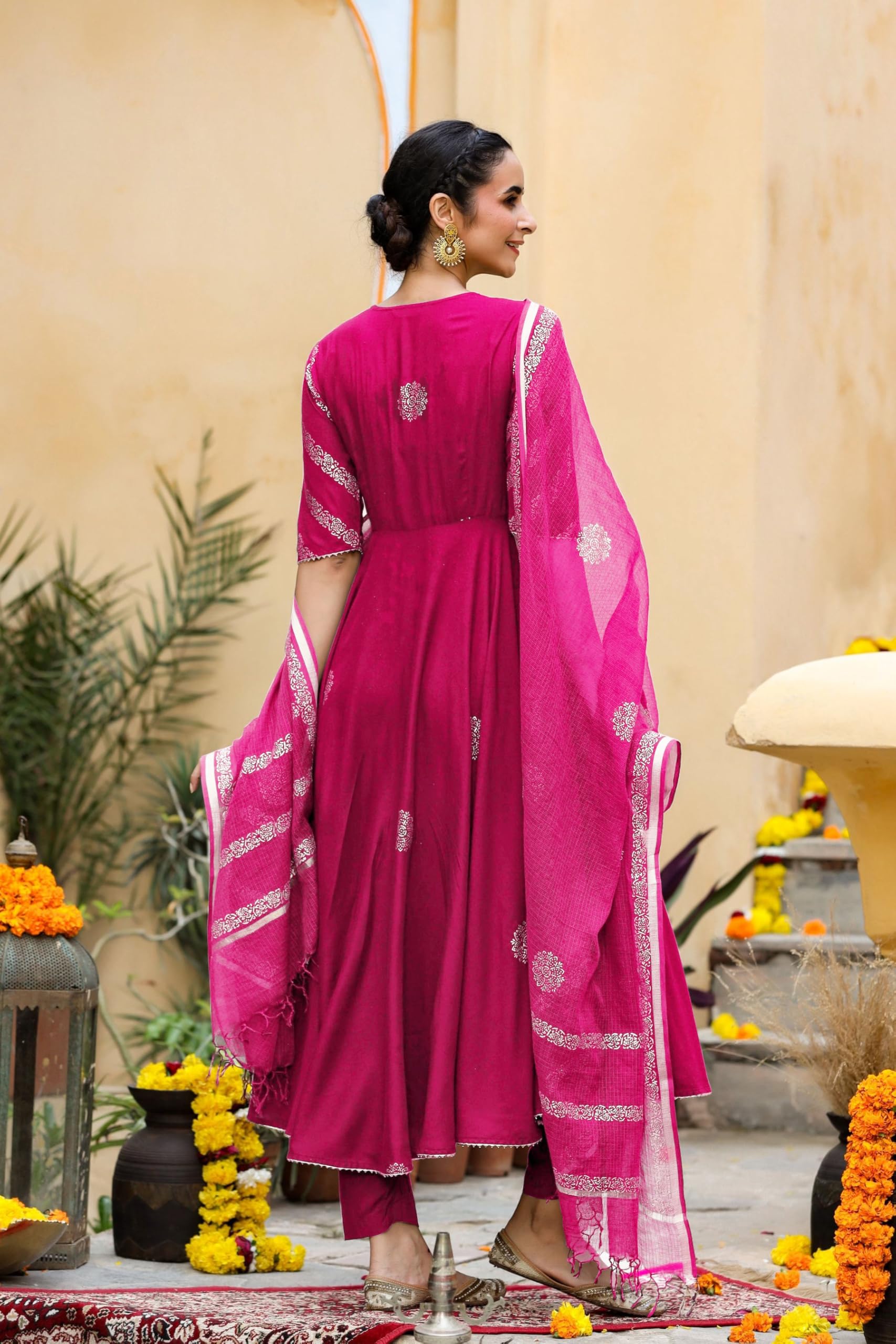 GoSriKi Women's Rayon Blend Anarkali Printed Kurta with Pant & Dupatta (Berlin Pink-GS_XL_Pink_X-Large) - Image 2 thumbnail