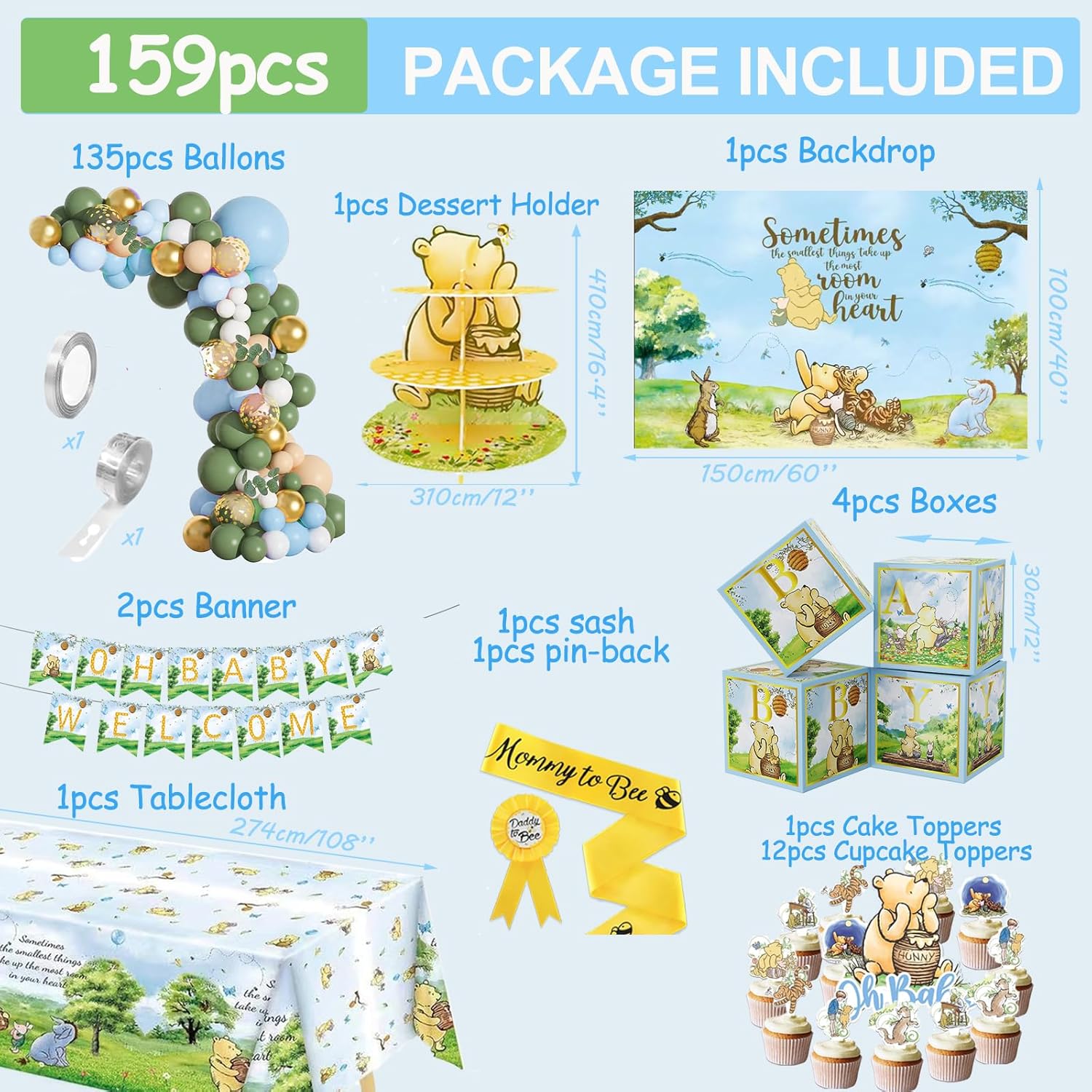 159pcs Blue Classic Winnie Baby Shower Decorations Kit, Vintage Pooh Party Supplies, Classic Pooh Backdrop, Cake Topper, Tablecloth Box Decorations for Girl Boy Baby Shower