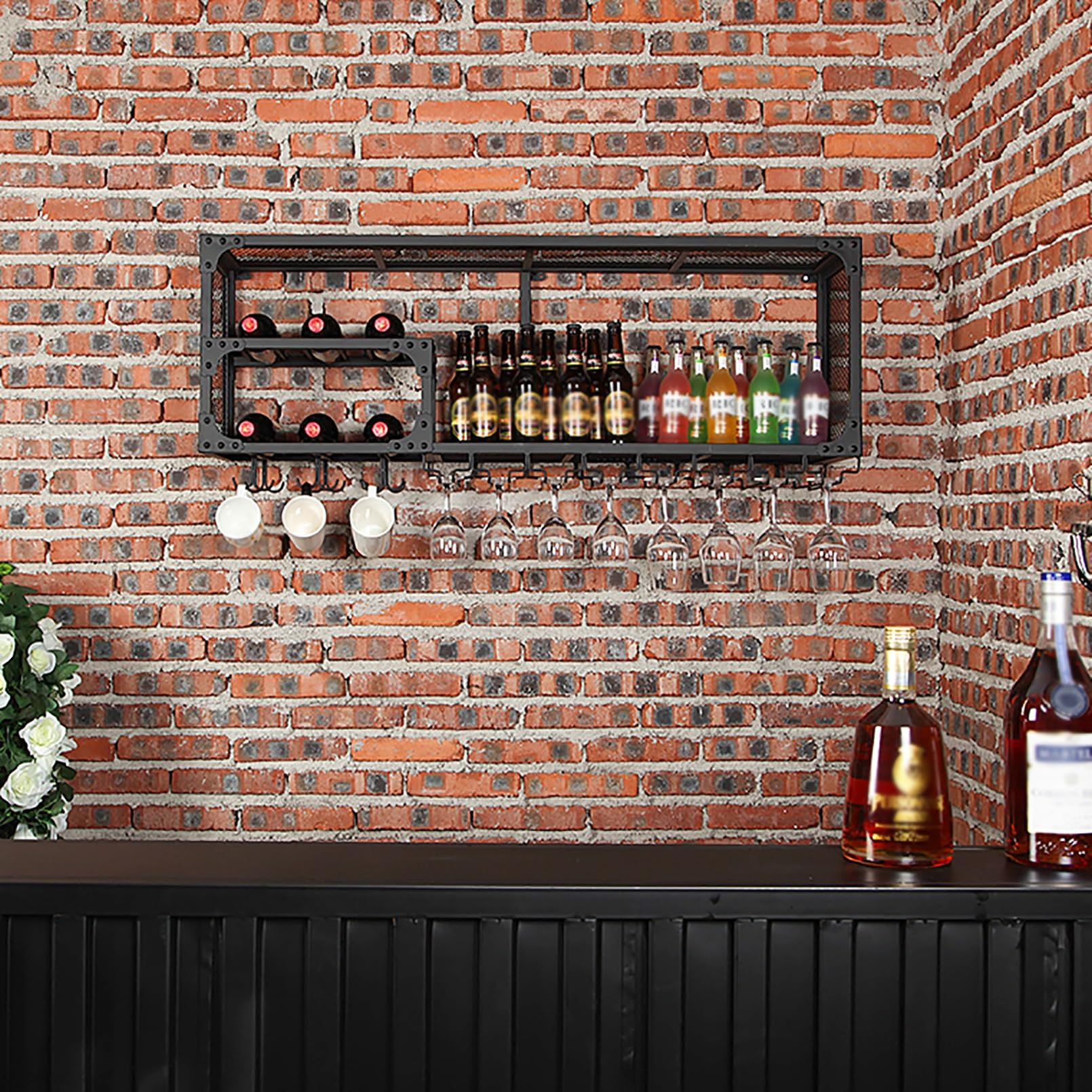 Botellero De Hierro Industrial,Enfriador De Vino Montado En La Pared,Botellero De Almacenamiento Multifuncional,soporte Para Botellas De Metal,Estante De Exhibición,Soporte Para Copas De Vino ( Size :