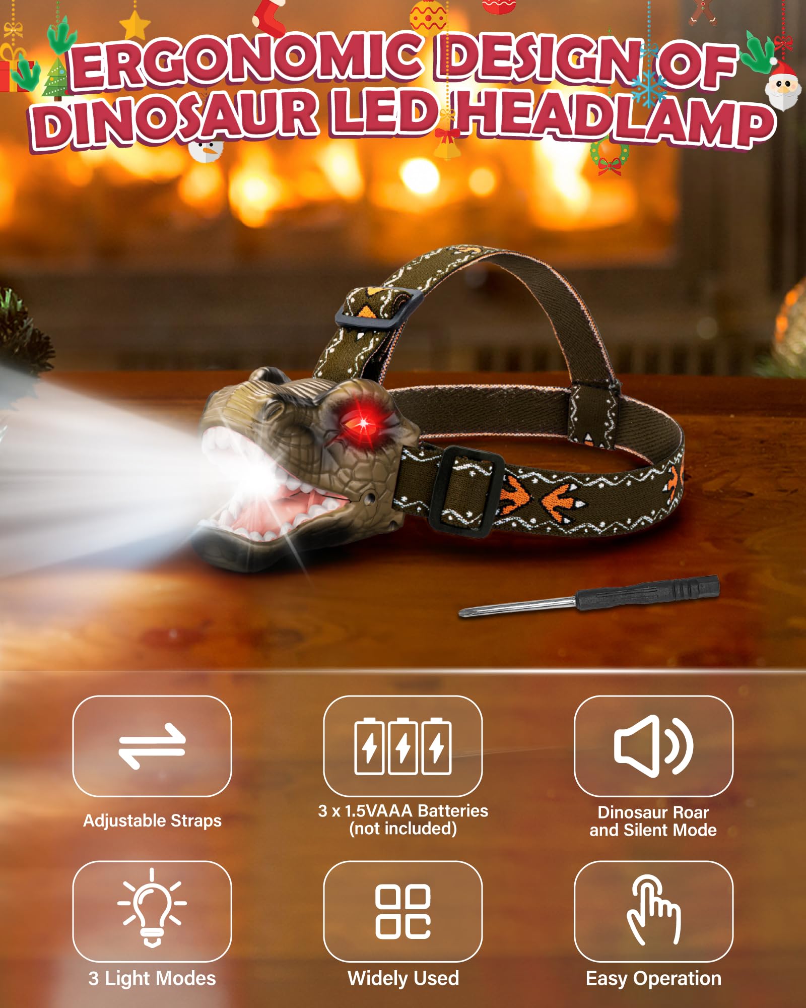 Lampa czołowa LED dinozaur dla dzieci, z 4 trybami oświetlenia, na kemping, wędrówki, do czytania, imprezy (brązowa)