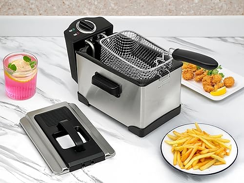 Miniatura 5 de PantryPro Freidora eléctrica de inmersión de acero inoxidable de 2 litros2.1 cuartos de galón, 1400 W, control de temperatura, cesta con gancho,