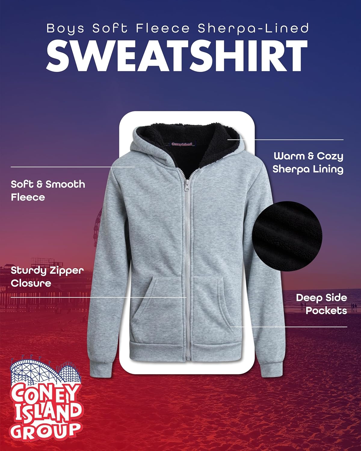 Coney Island Boys Hoodies - Cozy Soft Fleece Sherpa Lined Zip Up Hoodie Sweatshirt for Boys - Size Up for Ideal Fit - Image 4