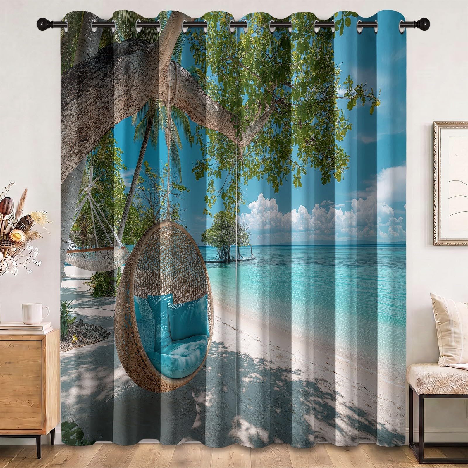 Tenda oscurante termica isolante anti anti calore, finestra oscurante marina, natura, spiaggia, tropicale, palma mare scuro, con occhielli, anti freddo, raggi UV, rumore, soggiorno, camera da letto