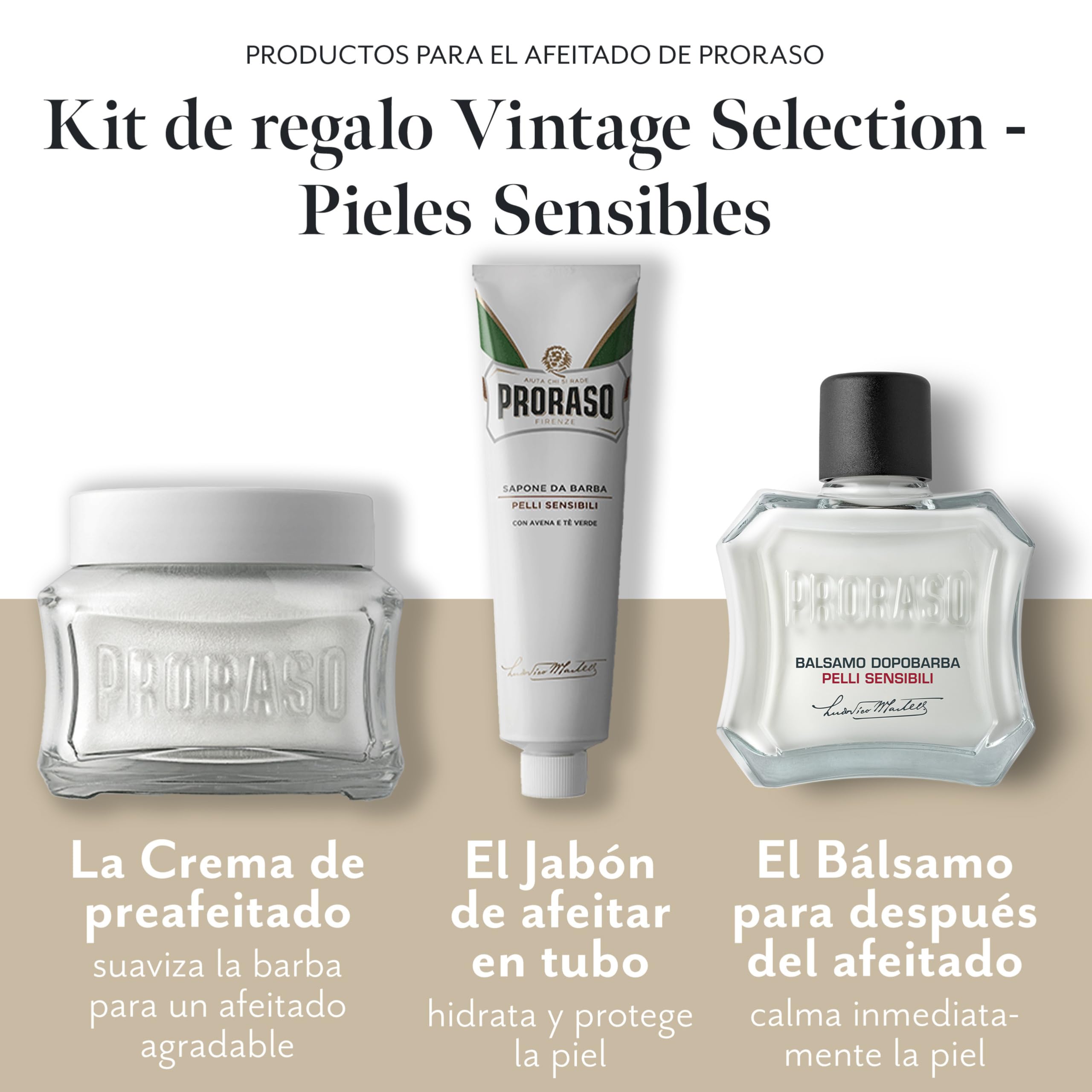 Proraso Vintage Selection, Gama Pieles Sensibles (pack trío), kit de cuidado barba de lujo con crema de preafeitado, jabón de afeitar en tubo y bálsamo para después del afeitado, Made in Italy