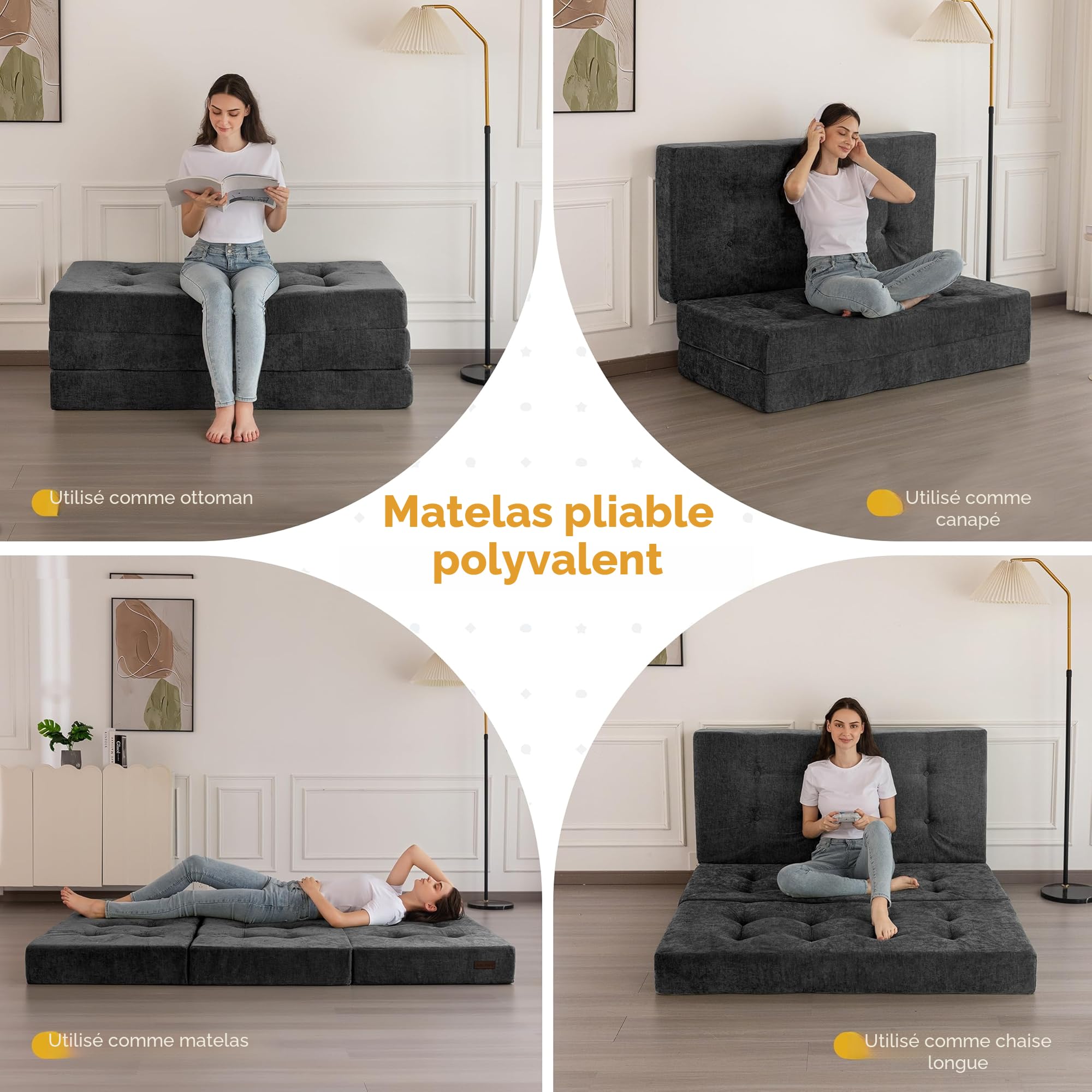 MAXYOYO Matelas Pliant 15 cm Célibataire, Confortable de avec Tissu Chenille, Canapé-Lit de Futon à Trois Fois pour Invité, Topper Sol pour Le Camping.