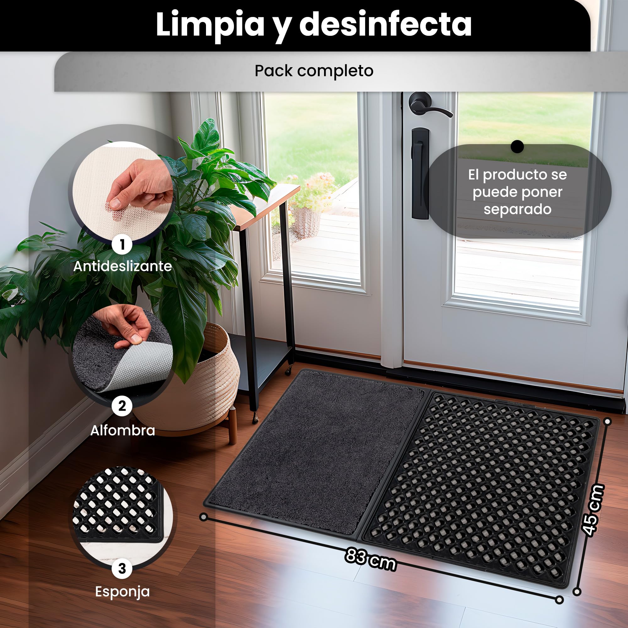 SURIAK Paillasson d'entrée maison désinfectant pour extérieur et intérieur 83 x 45 x 2 cm avec éponge absorbante et séchage en microfibre - Paillasson extérieur pluie - Paillasson d'entrée