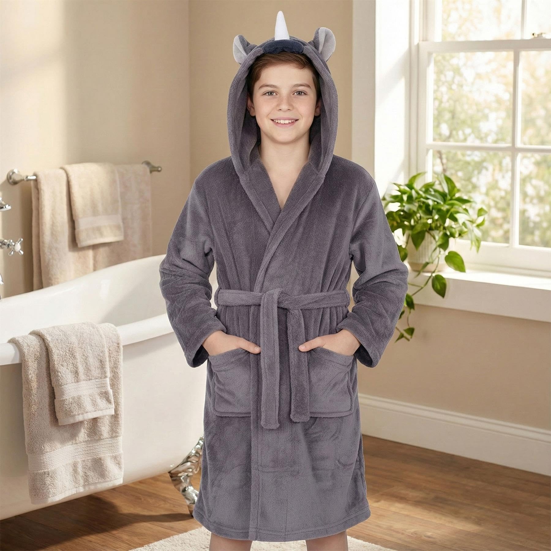 A2Z 4 Kids Accappatoi per ragazze e ragazzi alla moda con viso di rinoceronte, in morbido pile felpato, camicia da notte per bambini, con cappuccio, accappatoio con cappuccio, unisex, 3-14 anni