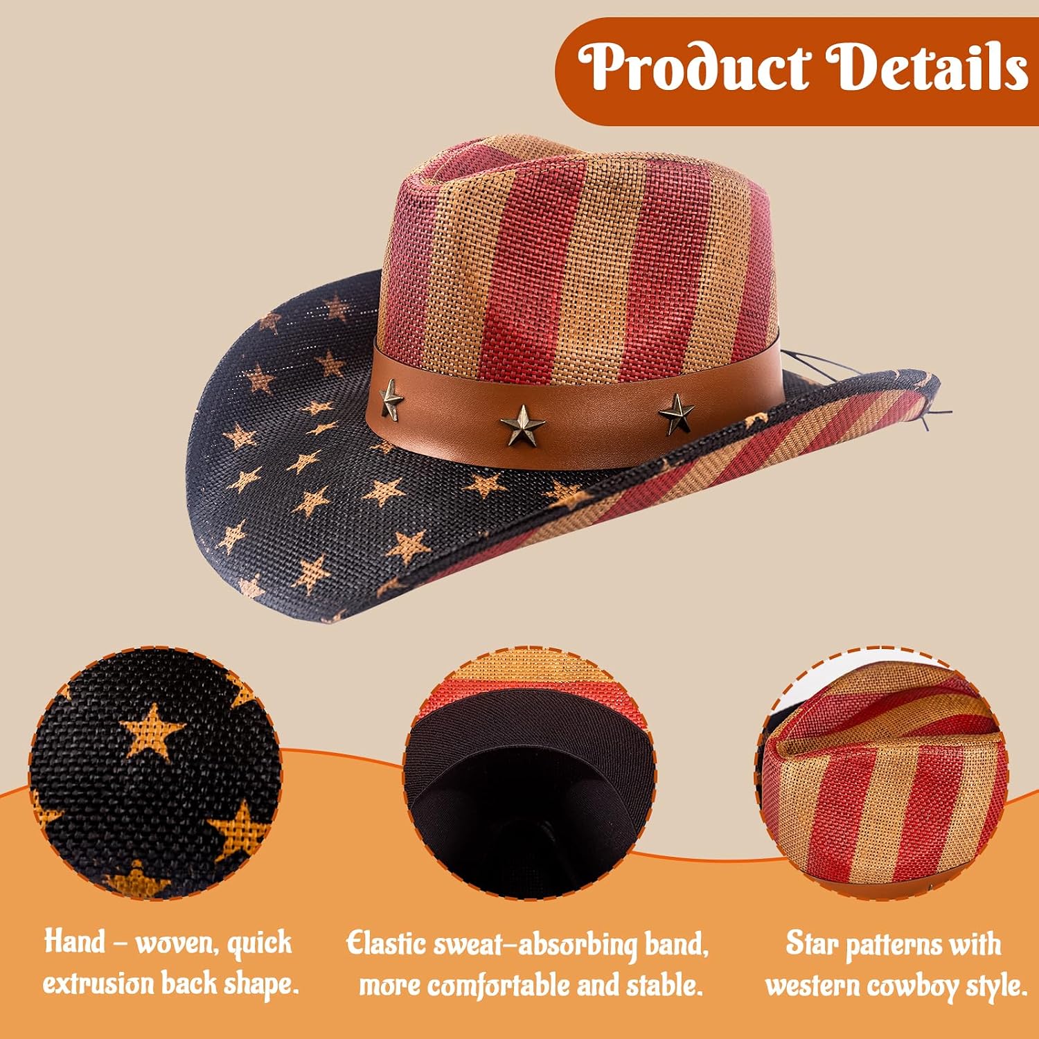 Evankin American Flag Hat, USA Western Cowboy Hat on July 4th, Straw Weaving Star,Summer Sunhat for Men and Women