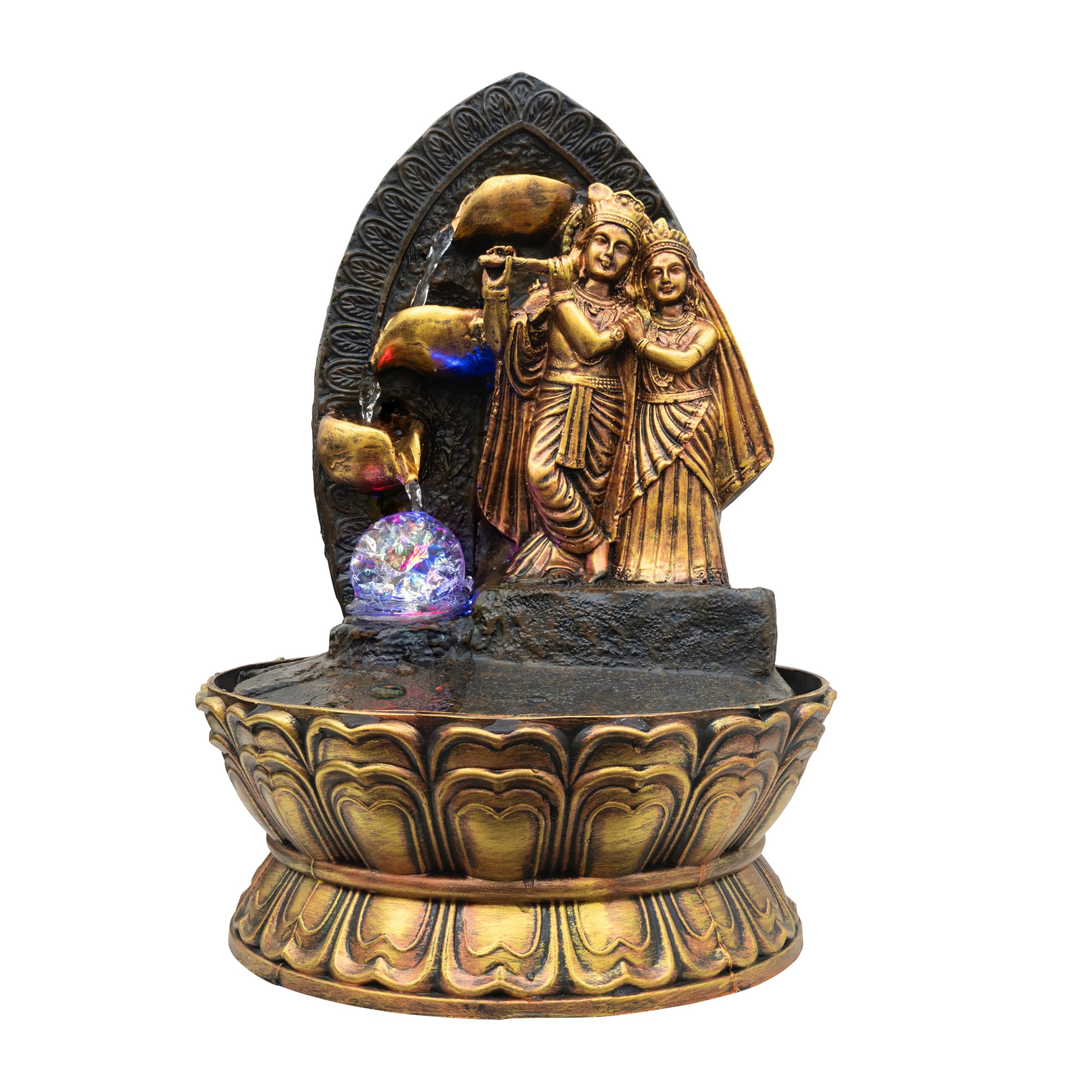 Polyresin Water Fountain with Radha Krishna Figurine, LED Lighting, Golden Bronze Finish, 16 cm Height, Home Decor