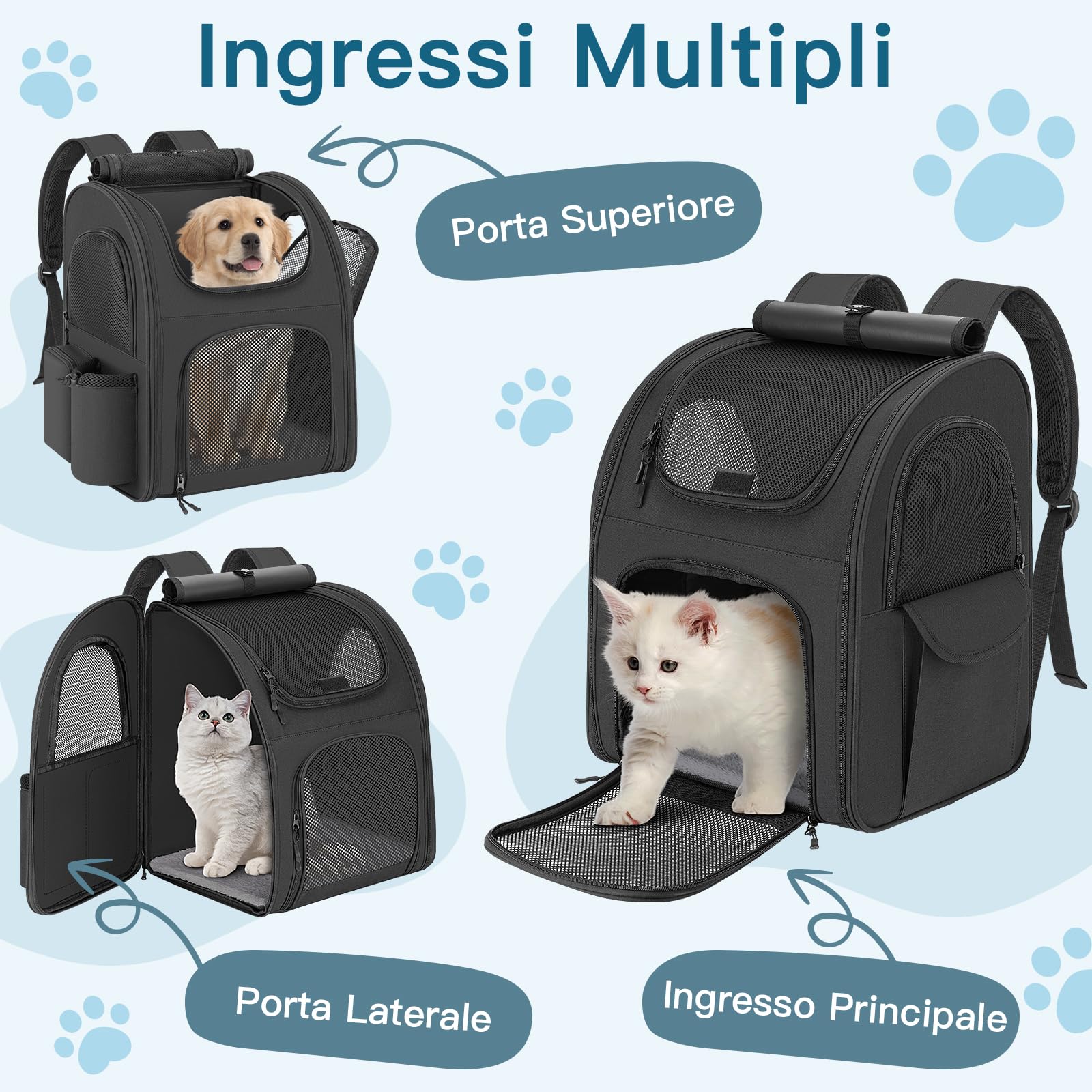 Zaino per Cani Gatti, Grande Zaino Gatto Cane 10 kg, Traspirante Zaino Porta Cane Gatto con Finestra a Rete, Zaino Trasportino Cani Gatto con Guinzaglio Interno e Tappetino per Viaggi - Nero