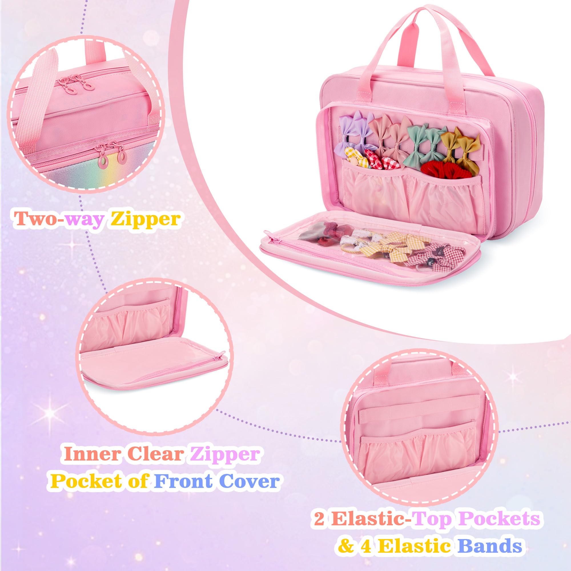 GRAOSO Hanging Hair Accessories Organizer for Baby Girls, Hair Bow Storage Bag, Travel Hair Stuff Case for Hair Clips, Hair Ties, Headbands, Scrunchies, Pink (Bag only)