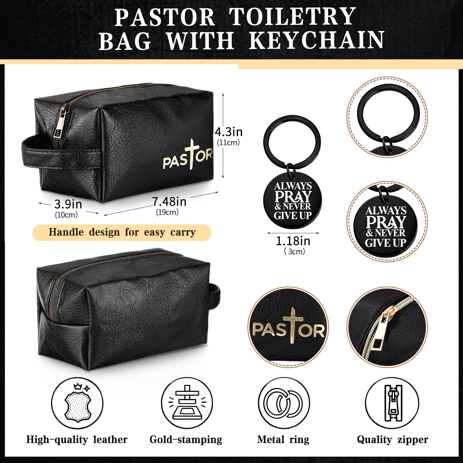 Roshtia 3 Pcs Pastor Appreciation Gift for Men Christian Ordination Gift Ministers Religious Inspirational 17oz Stainless Steel Tumbler with Lid Leather Toiletry Bag Keychain for Fathers Dad Husband