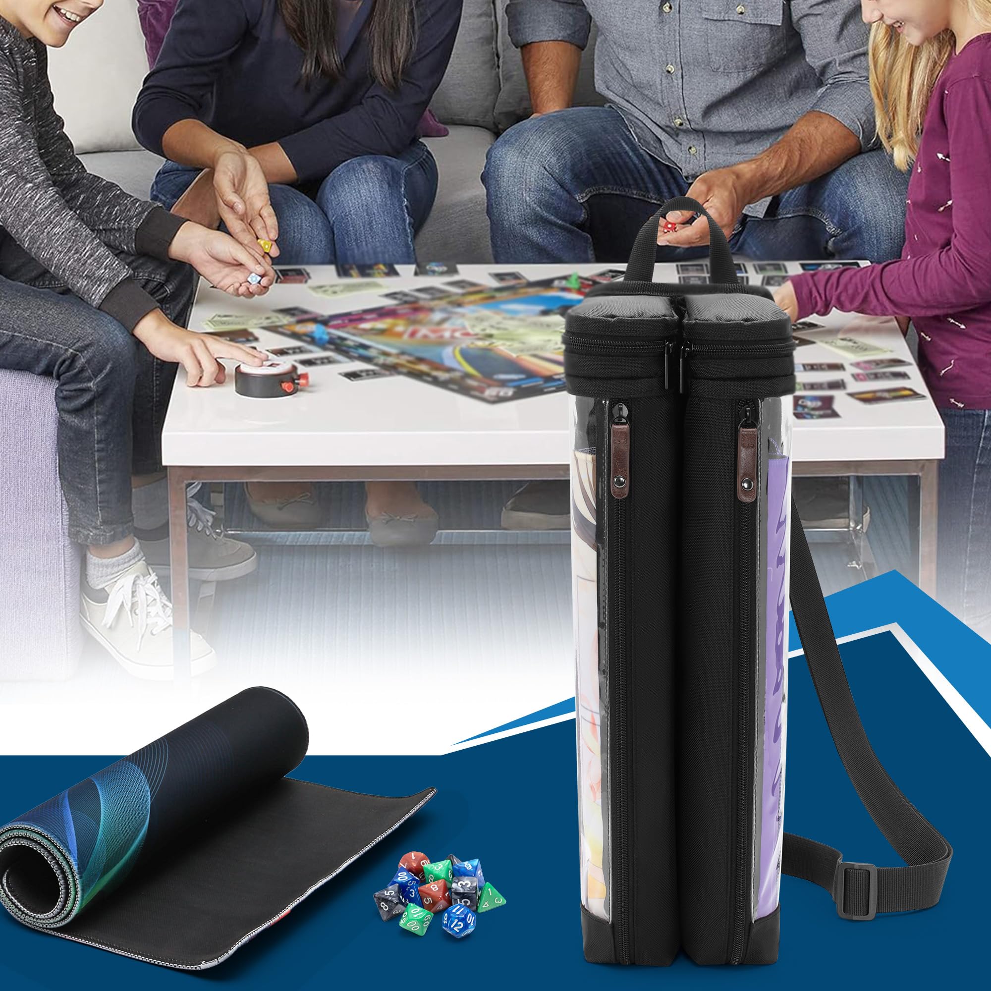 Rexmica Custodia Tubolare per 2 Tappetini da Gioco (35,6 x 61 cm), Supporto per Tappetini Giochi con Portadadi, Pannello di Supporto e Tracolla, Adatta per la Maggior Parte dei Tappeti da Gioco, Nero