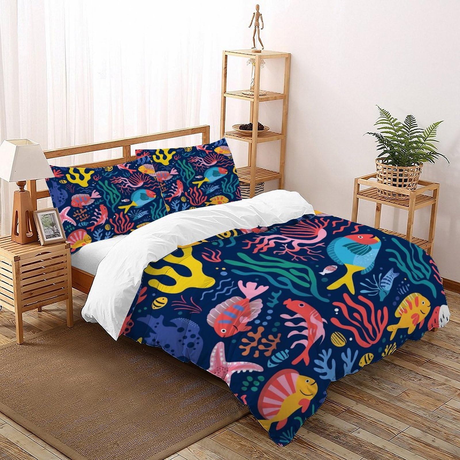 Housse de couette ocean 200x200cm avec taies d'oreiller motif 3D wild animals en microfibre