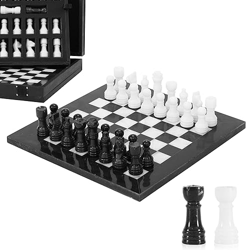 Miniatura 10 de Juego de ajedrez de mármol para adultos de 10 pulgadas, hecho a mano, juego de mesa oceánico y blanco con 32 piezas de ajedrez, 2 reinas adicionales