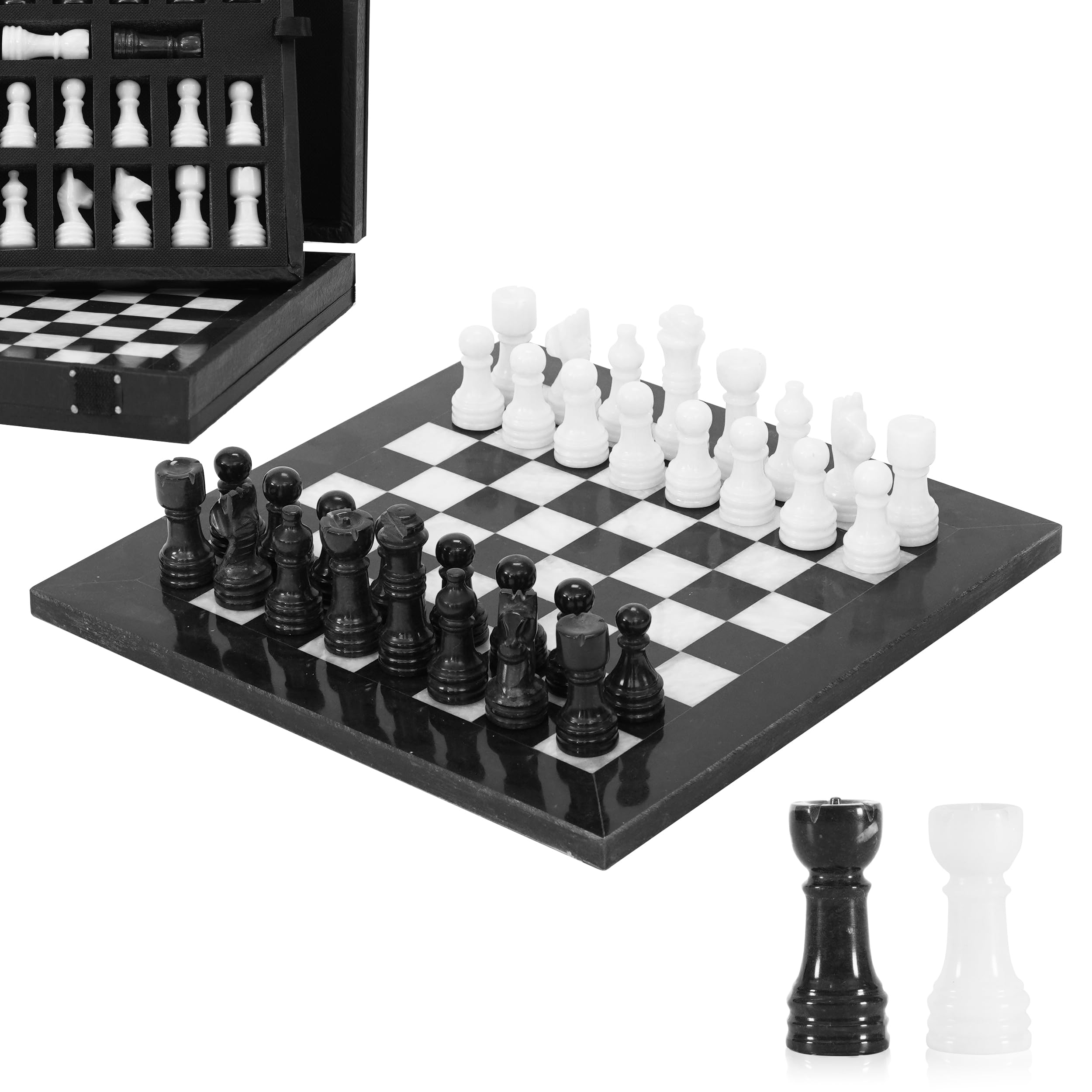 Marble Chess Set for Adults 10" Handmade Black & White Board Game with 32 Chess Pieces, 2 Extra Queens & Storage Box, Luxury Travel Game, Elegant Gift for Home Decor
