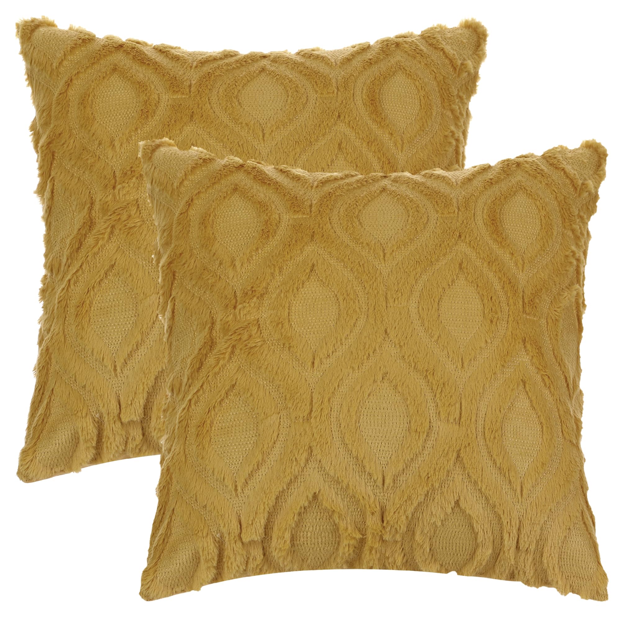 Uxcell Set of 2 Shaggy Plush Faux Fur Throw Pillow Covers Patterned Pillow Covers for Sofa Living Room Yellow-2 40 x 40 cm
