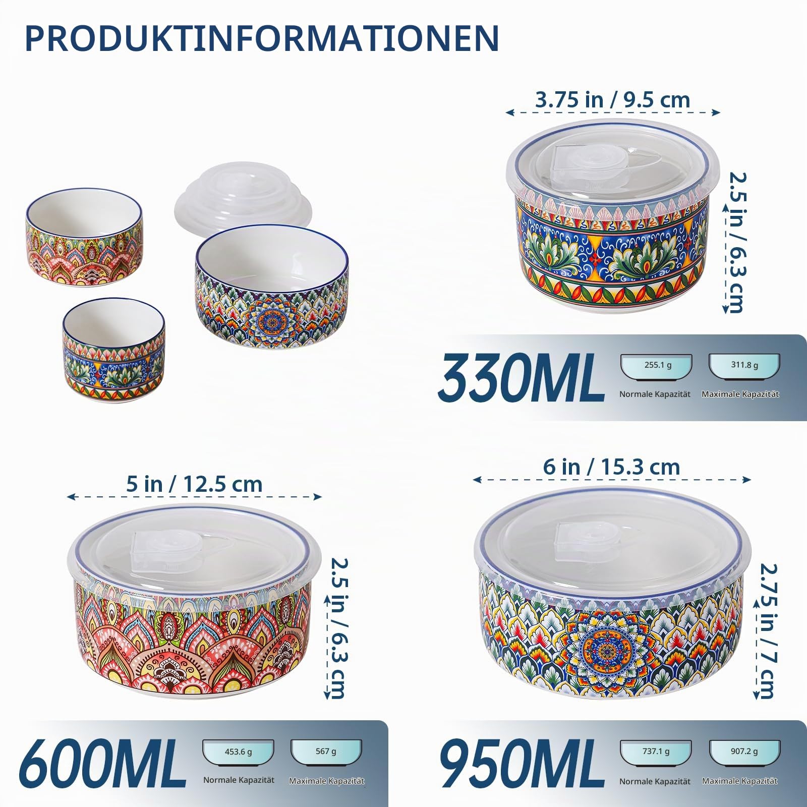 Henten Home Suppenschüssel Set 3er, Salatschüssel/Keramikschüssel mit Deckel - 330ml / 600ml / 950ml, Suppenschalen, Müslischale für Mittagessen, Picknick, Küche, Servierschalen