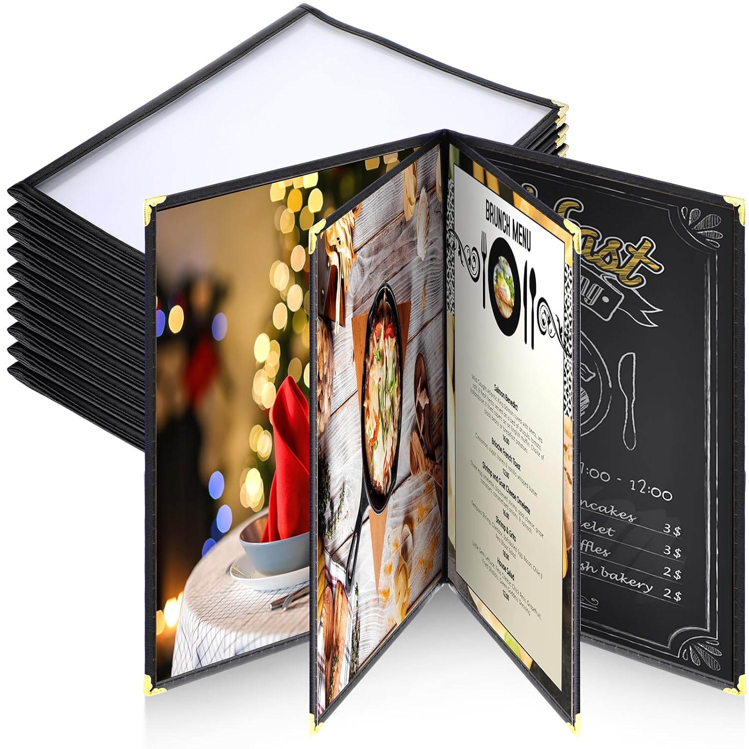 TaoBary 8.5 x 11 Inch Menu Covers Fits A4 Size Paper Transparent Restaurant Menu Covers Holder with Leatherette Trim and Decorative Metal Corners Bar Cafe Restaurant, Black(10 Pcs)