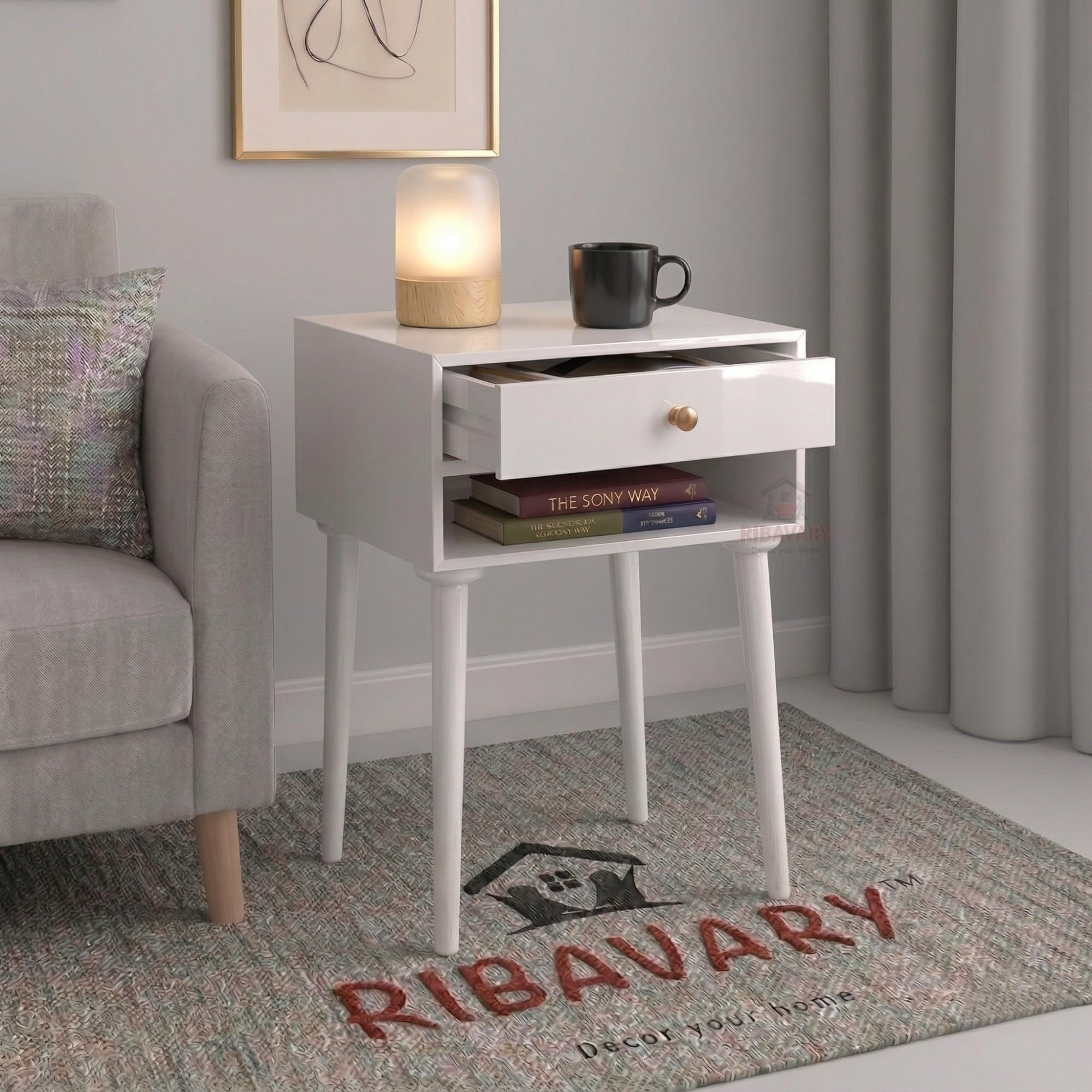 Modern Bedside Table Nightstand with Solid Wood Legs, Practical End Side Table with Drawer Storage for Small Spaces Wooden Bedside Table, Coffee Table, Living Room/Bedroom (White)-picture-10