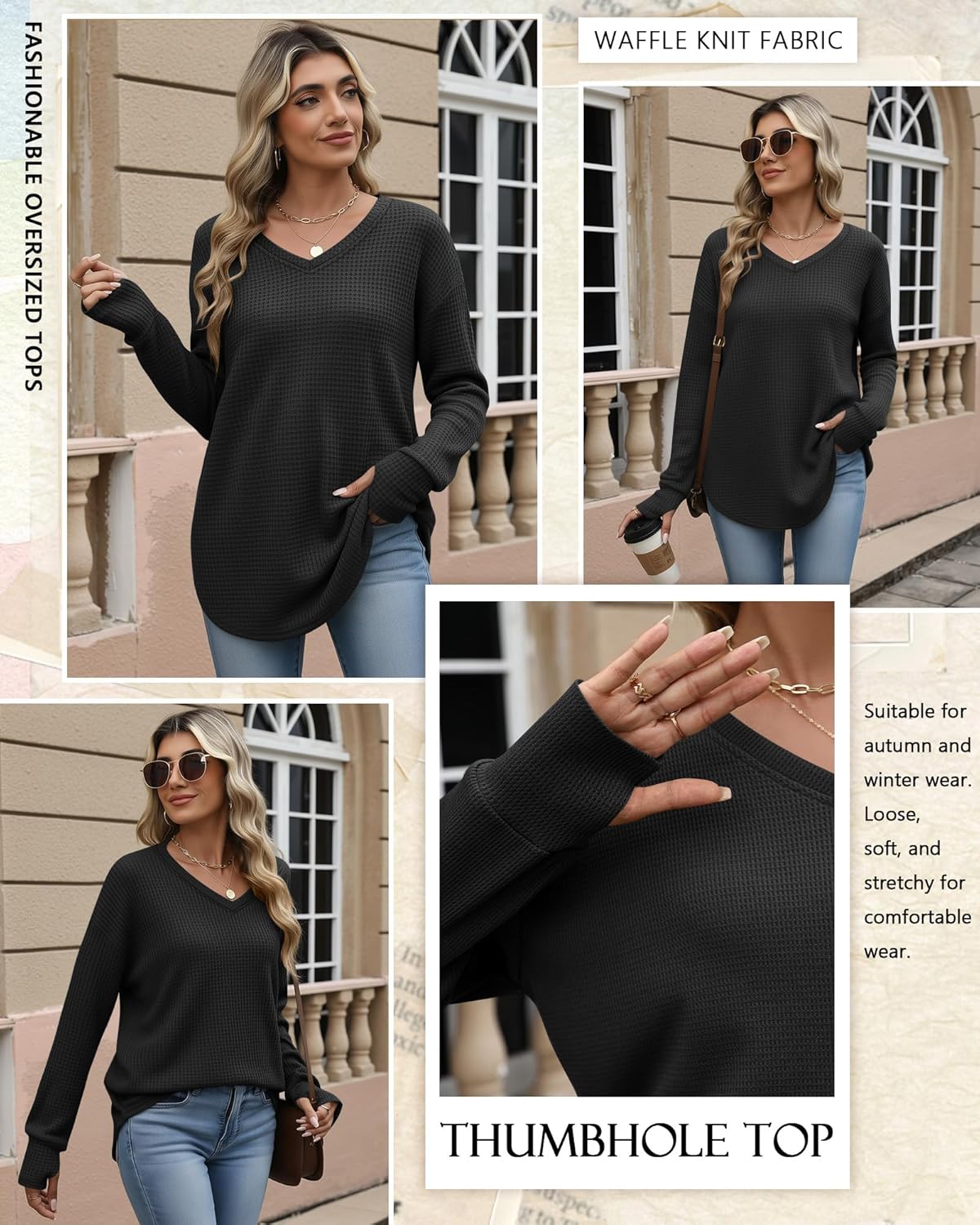 Women's Long Sleeve Waffle Knit Tops V Neck Curve Hem Long Shirts with Thumb Hole Oversized Casual Tunic Fall Shirt - Image 5
