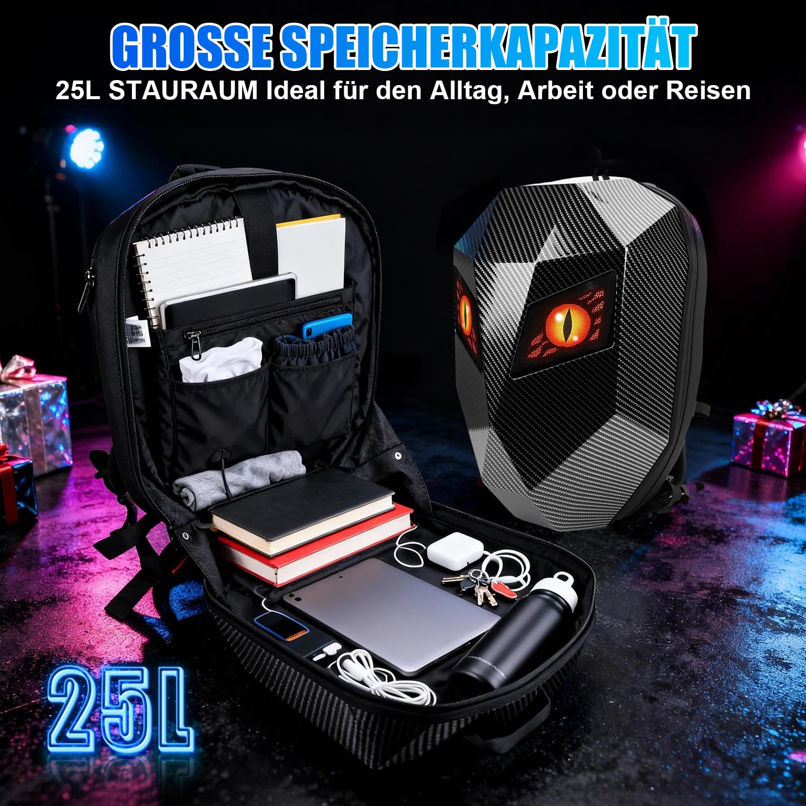 LED Rucksack Motorrad Geschenkidee für Männer Jugendliche, Programmierbarer Pixel Display Helmrucksack mit 3D Hartschale, Wasserdichter Laptop Tagesrucksack für Reise Schule Alltag Schwarz