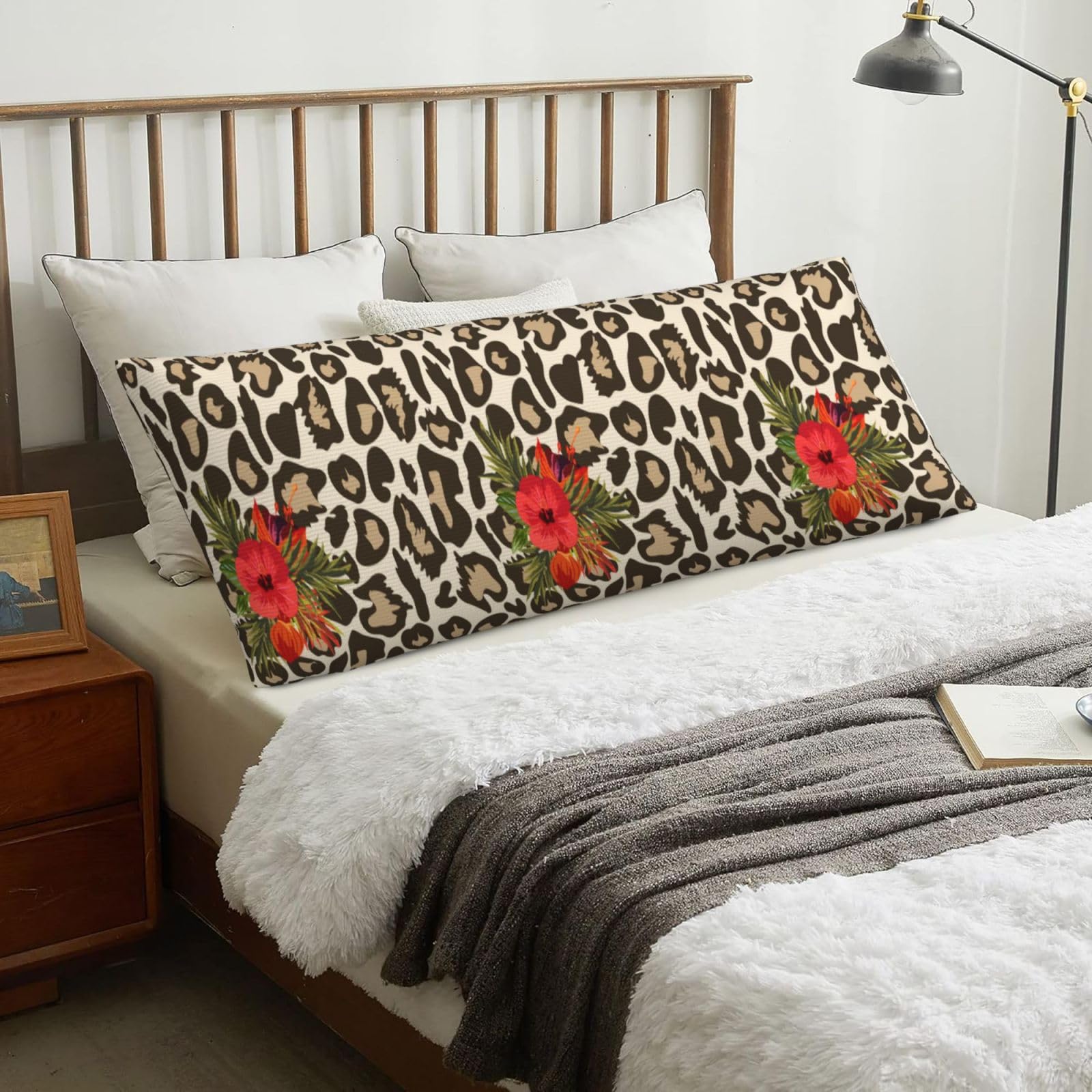 Leopard Hibiscus Flower, Body Pillow Cover with Zipper,Long Body Pillowcase 20 x 60 in
