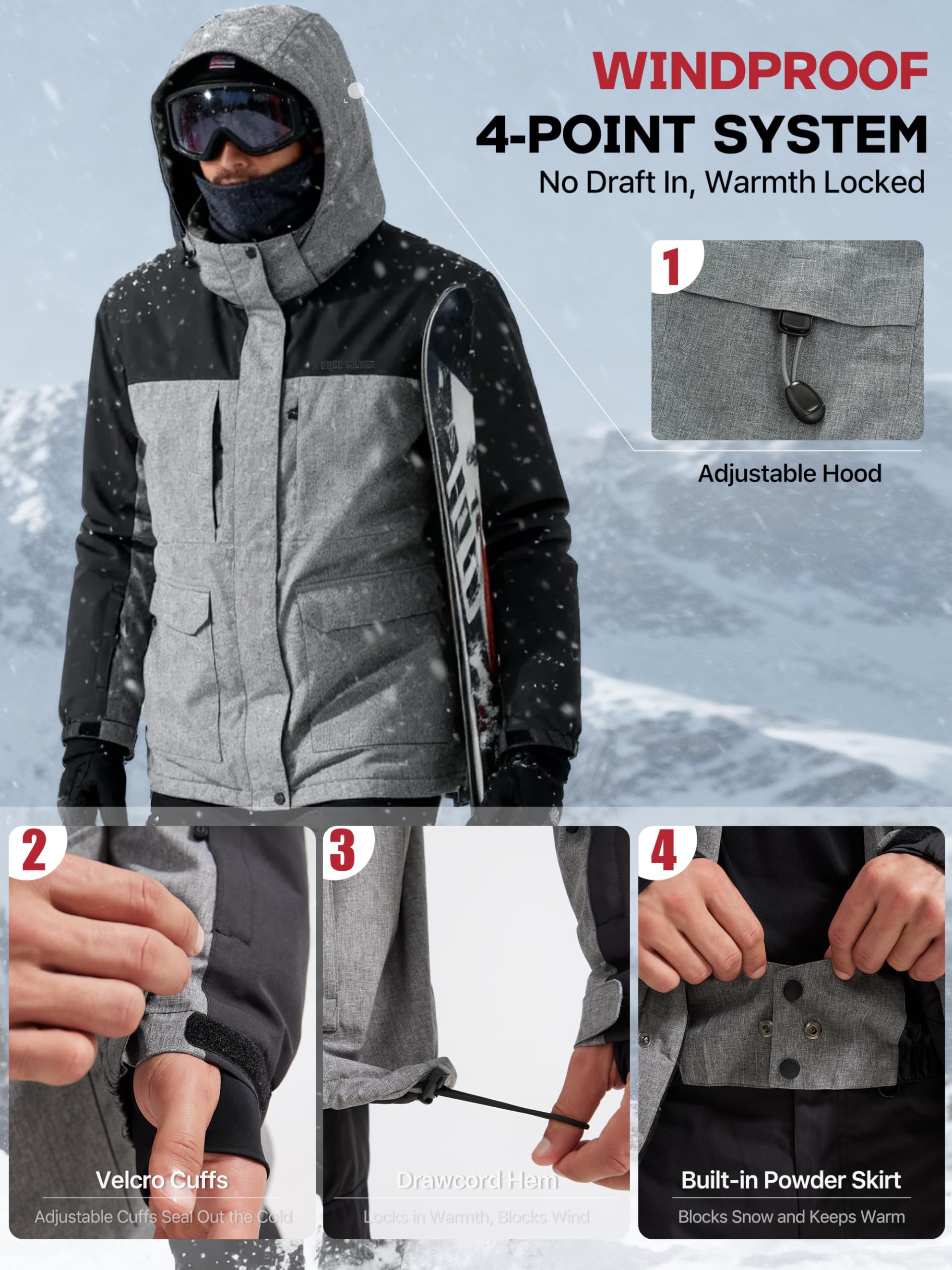 FREE SOLDIER Men's Waterproof Ski Jacket Fleece Lined Warm Winter Snow Coat with Hood Fully Taped Seams