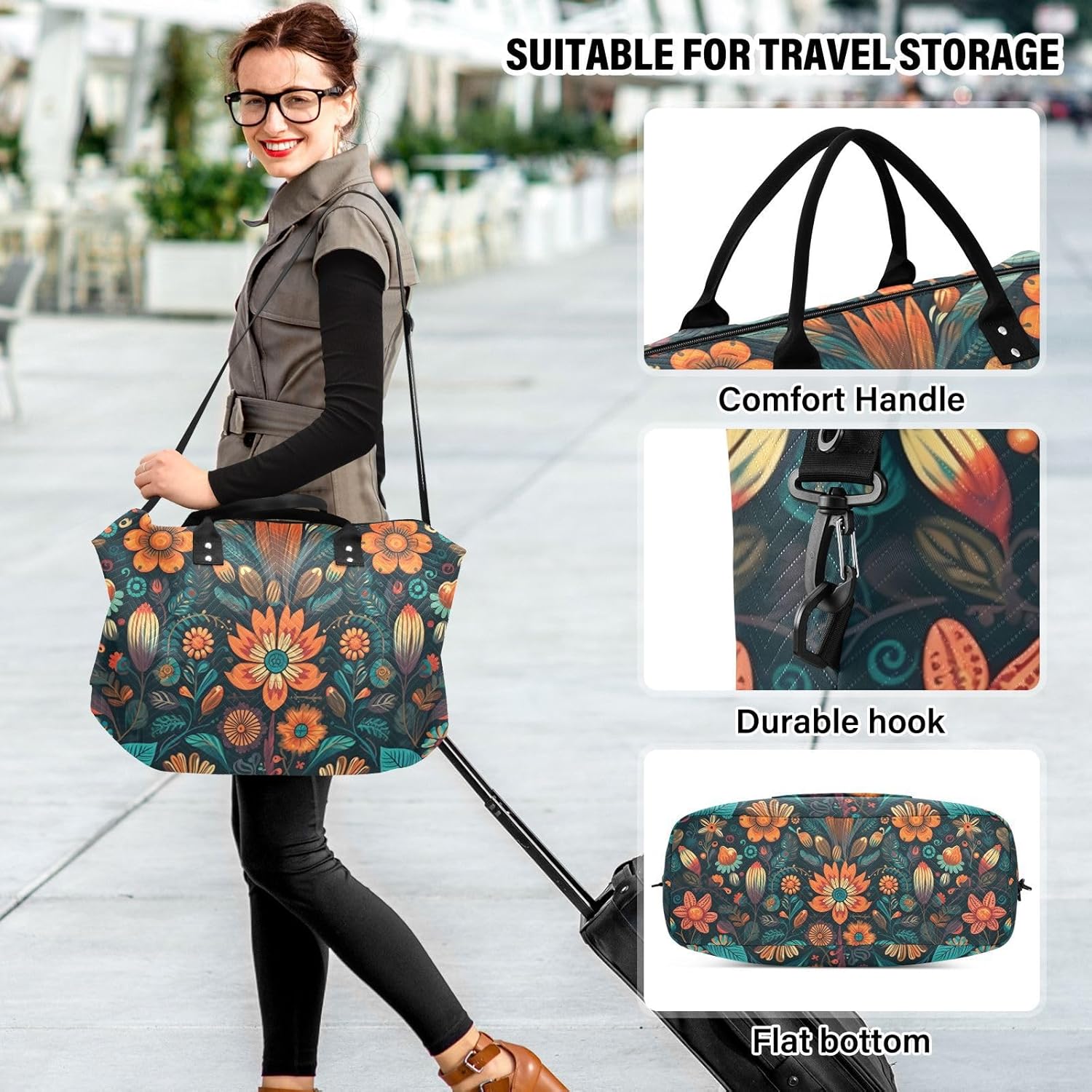 Duffel Bag Set for Travel Gym Sport, Weekender Bag Carry on Overnight Bag for Women Men-Ethnic Florals Print