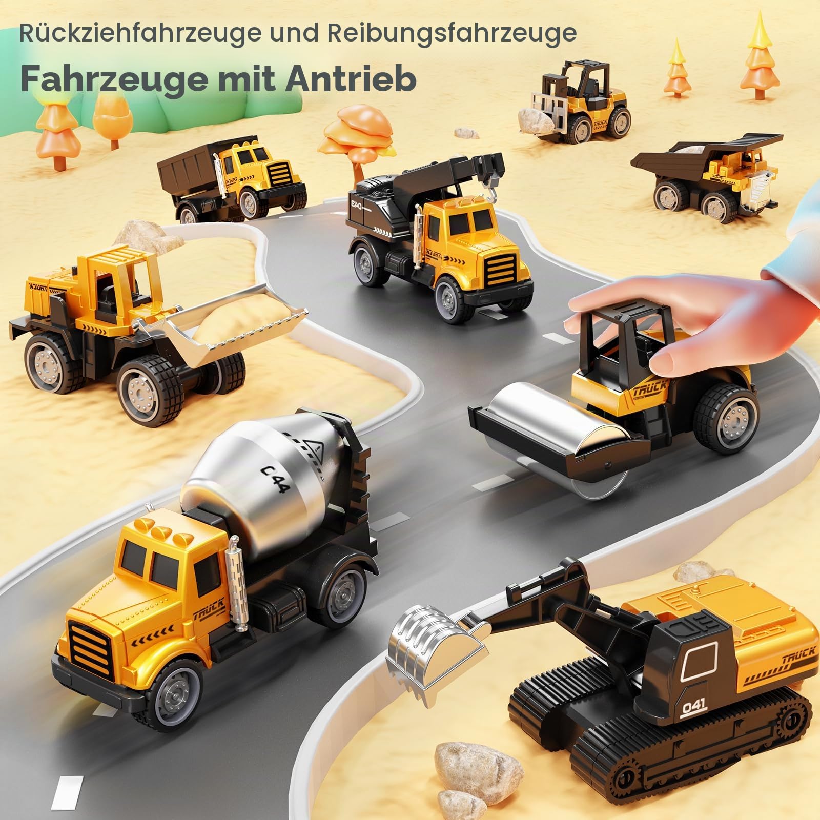 HONGTUO Baustellen Fahrzeuge Metall Kunststoff Bagger Spielzeugautos Transporter Kinderspielzeug für Kinder 3 4 5 Jahren，Geschenk Set 8-teilig
