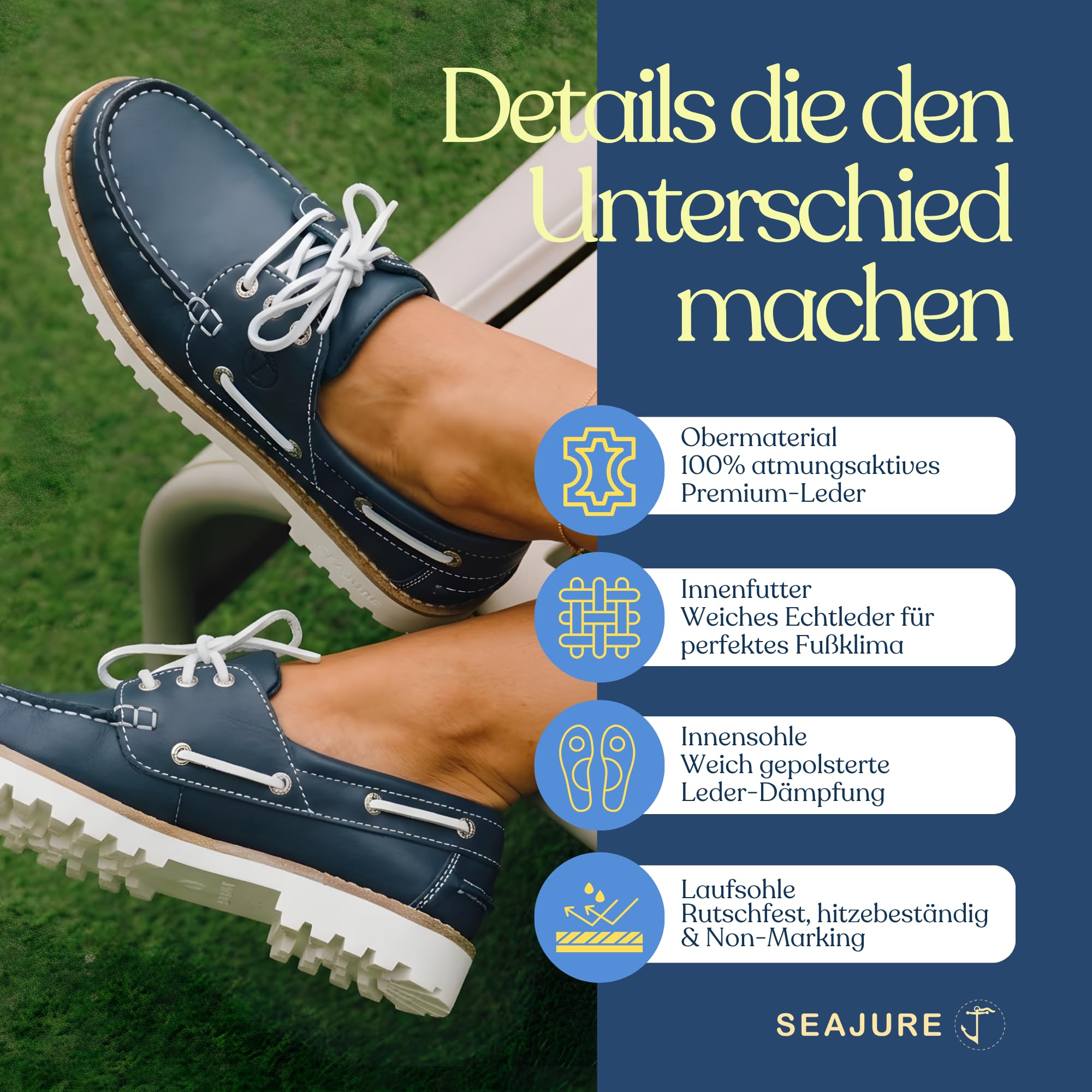Seajure Sibang Bootsschuhe Damen Leder, Handgefertigte Segelschuhe und Mokassins, rutschfeste Gummisohle, Bequeme Maritime Sommer Slipper, Leichte Echtleder Schuhe in Marineblau/Weiß