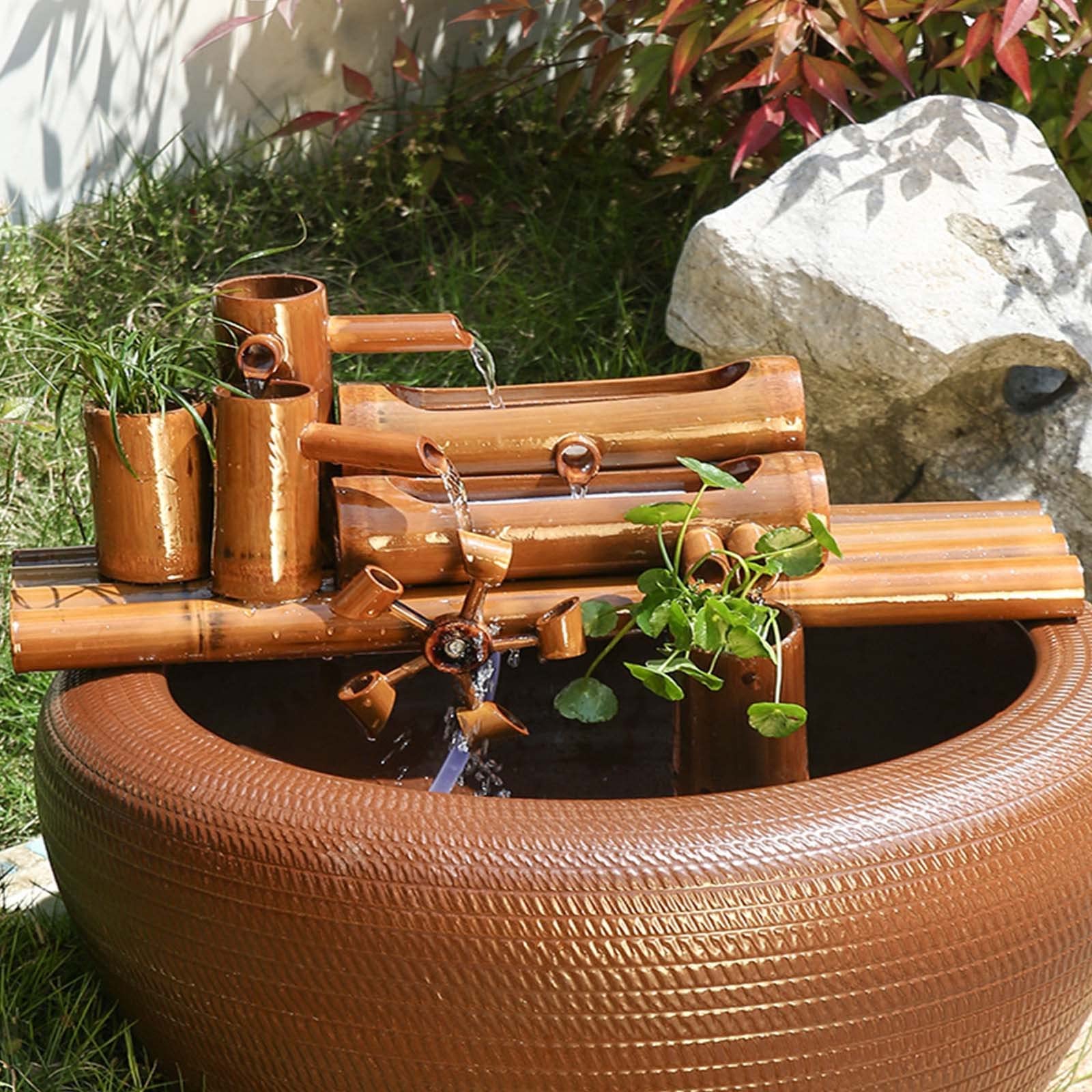 Fontaine d'extérieur en Bambou Japonais, kit de Fontaine en Bambou, Fontaine Solaire pour Jardin ou Salon, 40 cm x 60 cm