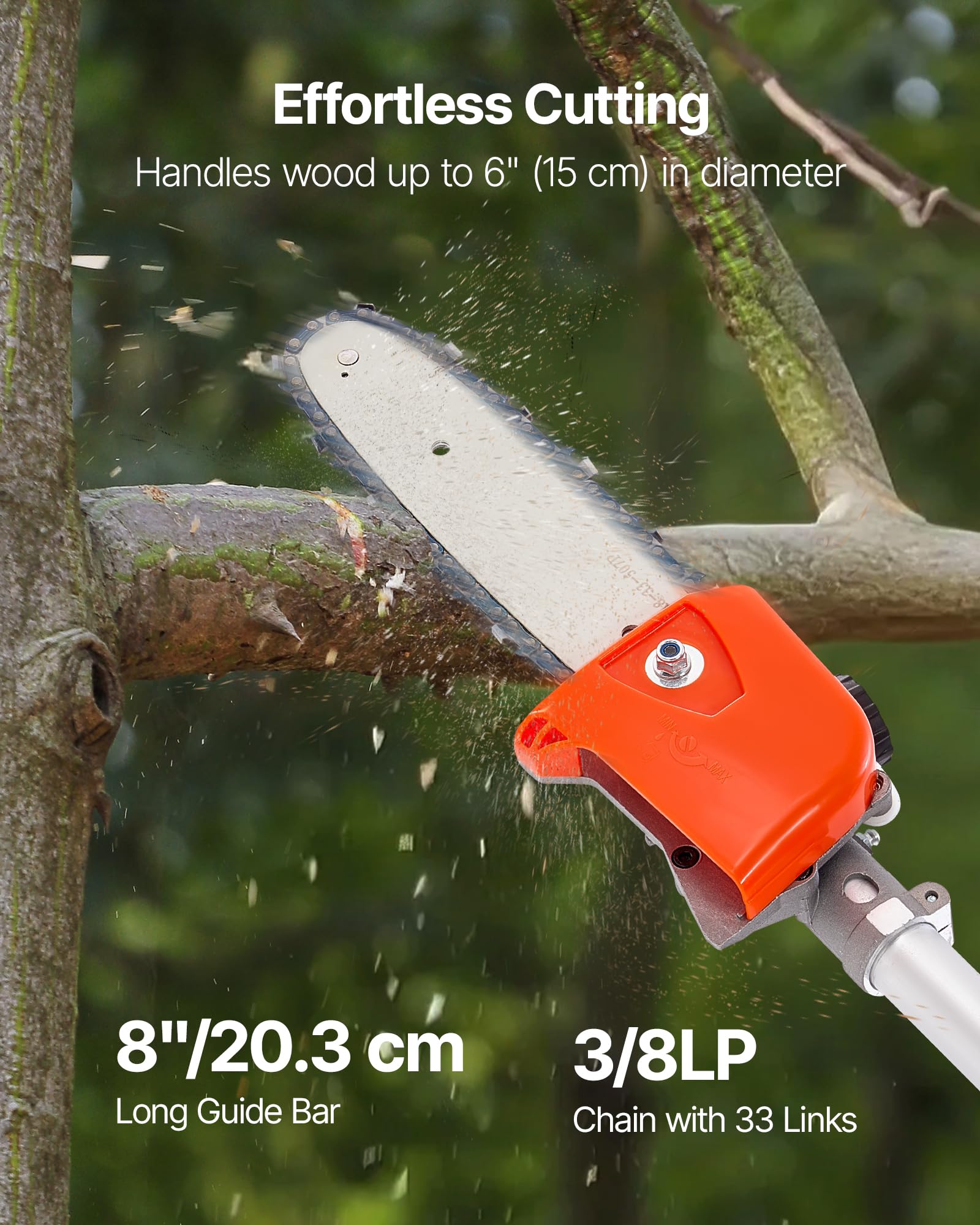 VEVOR Élagueuse Thermique sur Perche à 2 Temps, 33 cc, Élagueuse sans Fil à Essence, avec Perche Extensible 2,04-3,54 m, Guide-chaîne 20,3 cm, Réservoir de Carburant 850 ml, pour Élagage des Arbres