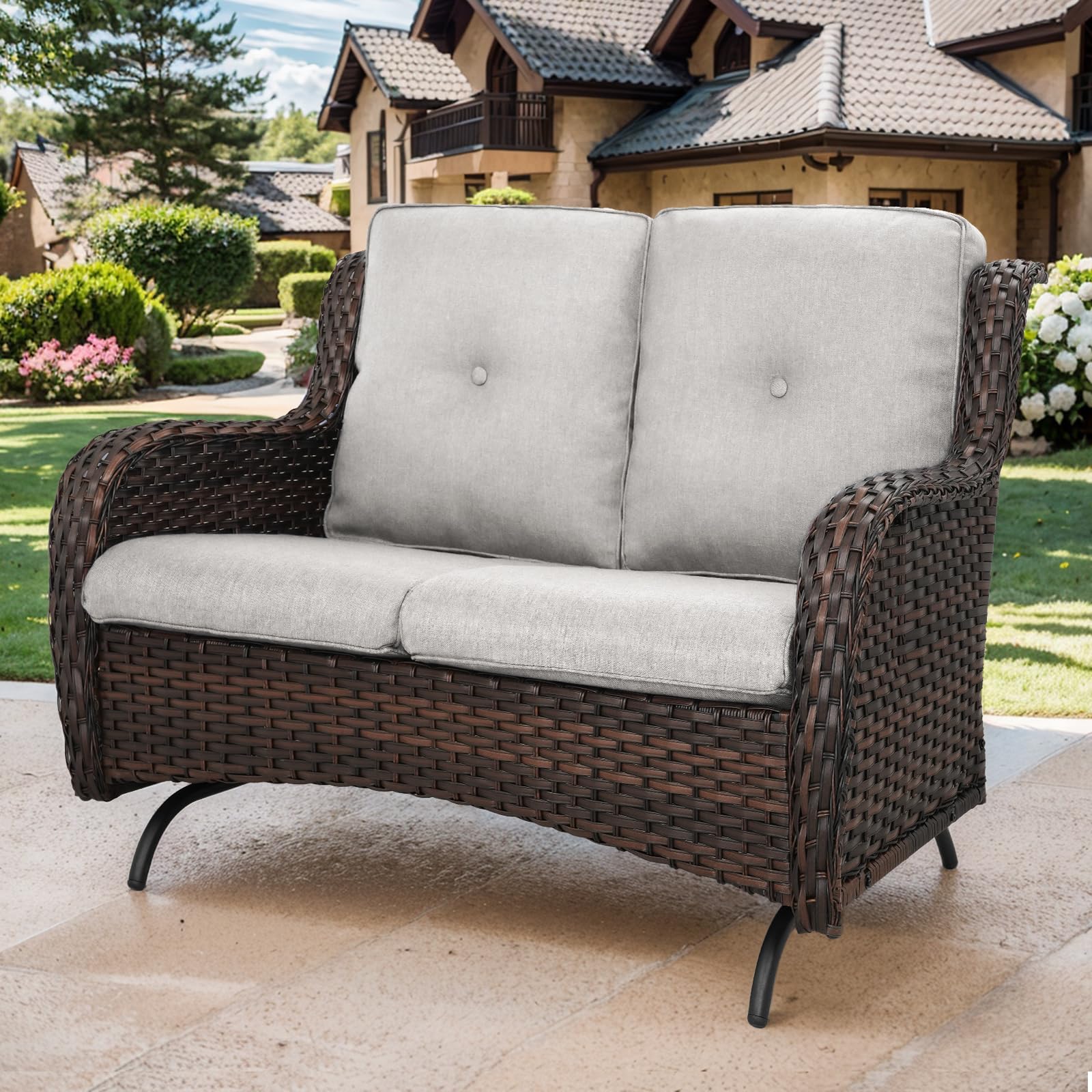 Amazon.com: Bellefurn Patio Loveseat Wicker Loveseat Rattan Glider Sofa ...