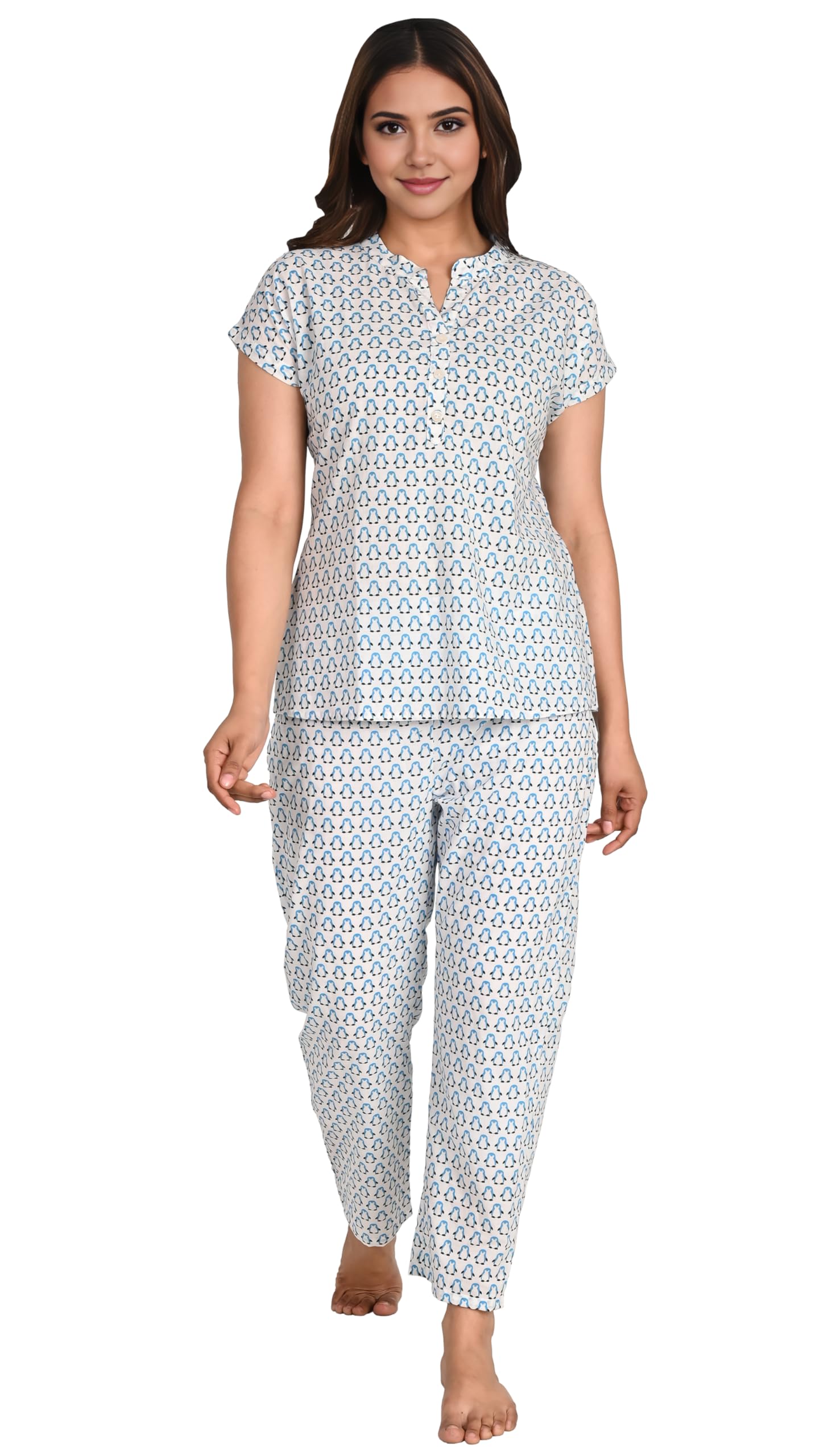 kurtari Women’s Cotton Night Suit Set | Printed Short Sleeve Top with Button Neck & Pyjama Bottoms | Soft & Breathable Lounge Wear | Comfortable Night Dress & Sleepwear Set for Women (Penguin Print)-picture-14