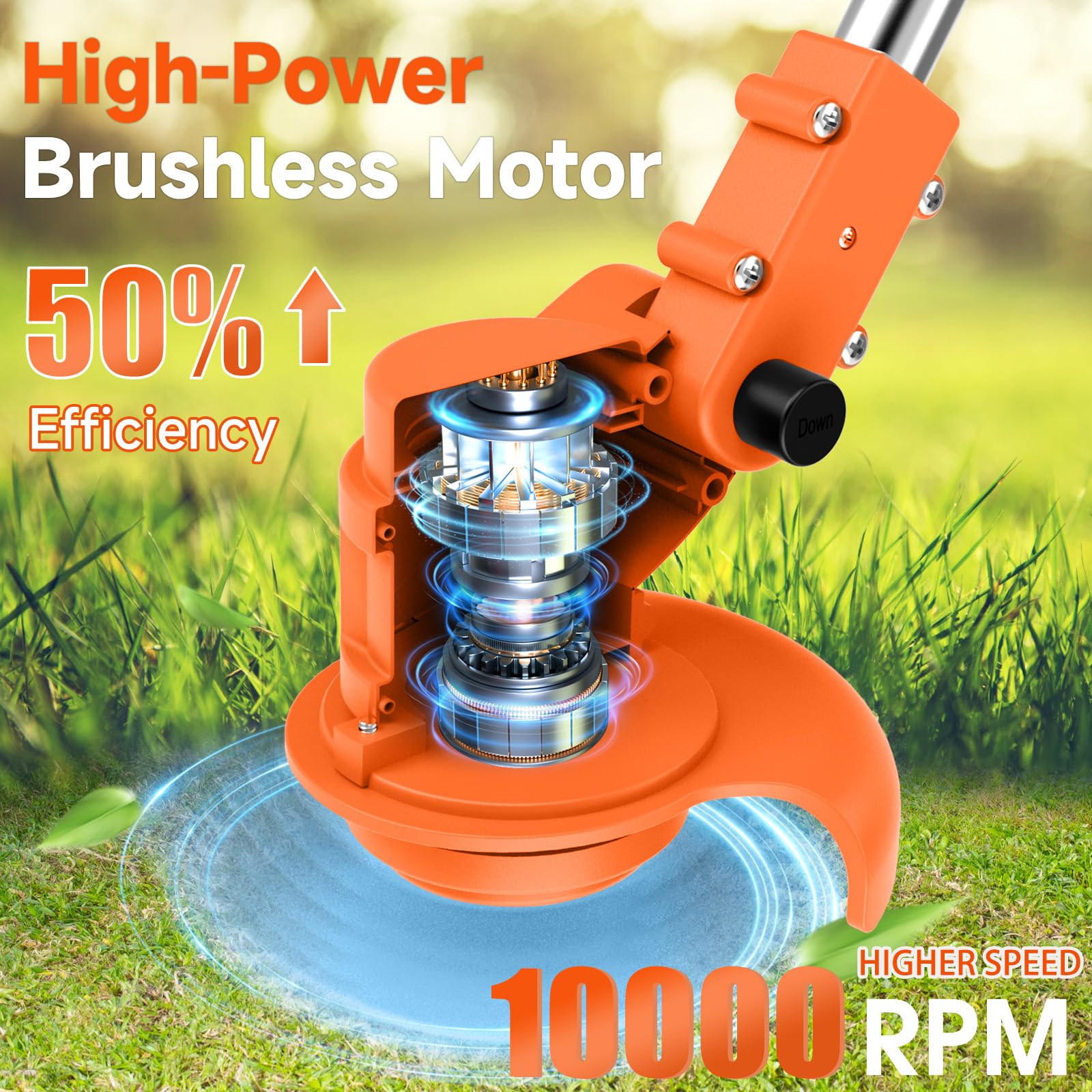 21V Cordless Strimmer, 700W Grass Trimmer with 2x 2000mAh Batteries, Lightweight Foldable Battery Strimmers Cordless with 26 Blades,90° Adjustable Head for Garden Lawn Weeding - Deep Orange - 4