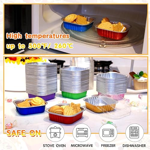 Miniatura 4 de Sabary 150 mini moldes de papel de aluminio para pasteles con tapas, 3.4 onzas, mini tazas cuadradas para hornear tartas de queso individuales, mini