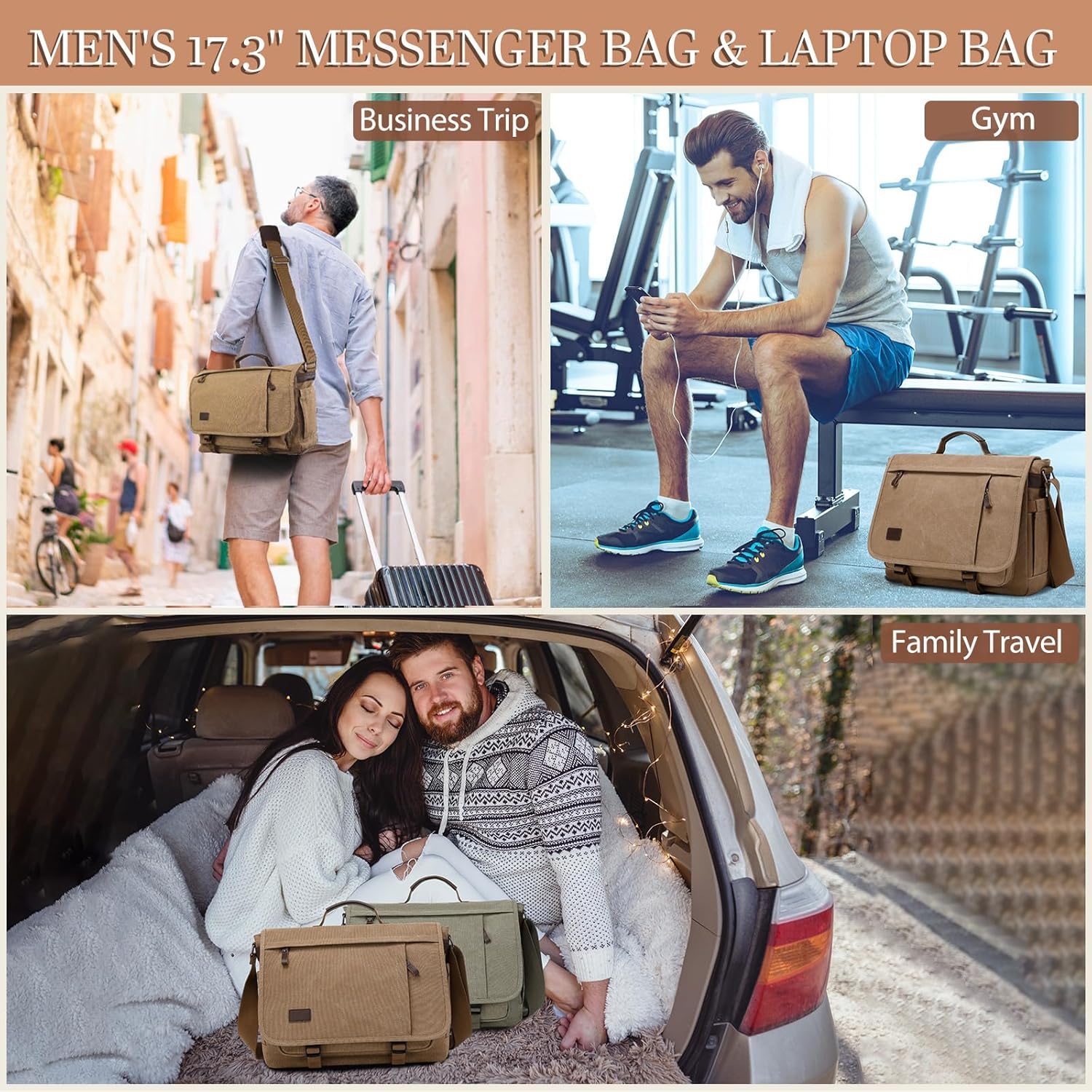 17.3 Inch Messenger Bag for Men: 2PCS Laptop Bag PU Leather Canvas Work Briefcase Large Office